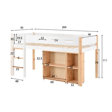 Ulife Hochbett Kinderbett mit Stauraum und beweglichem Schrank,90x200 cm (3-St)