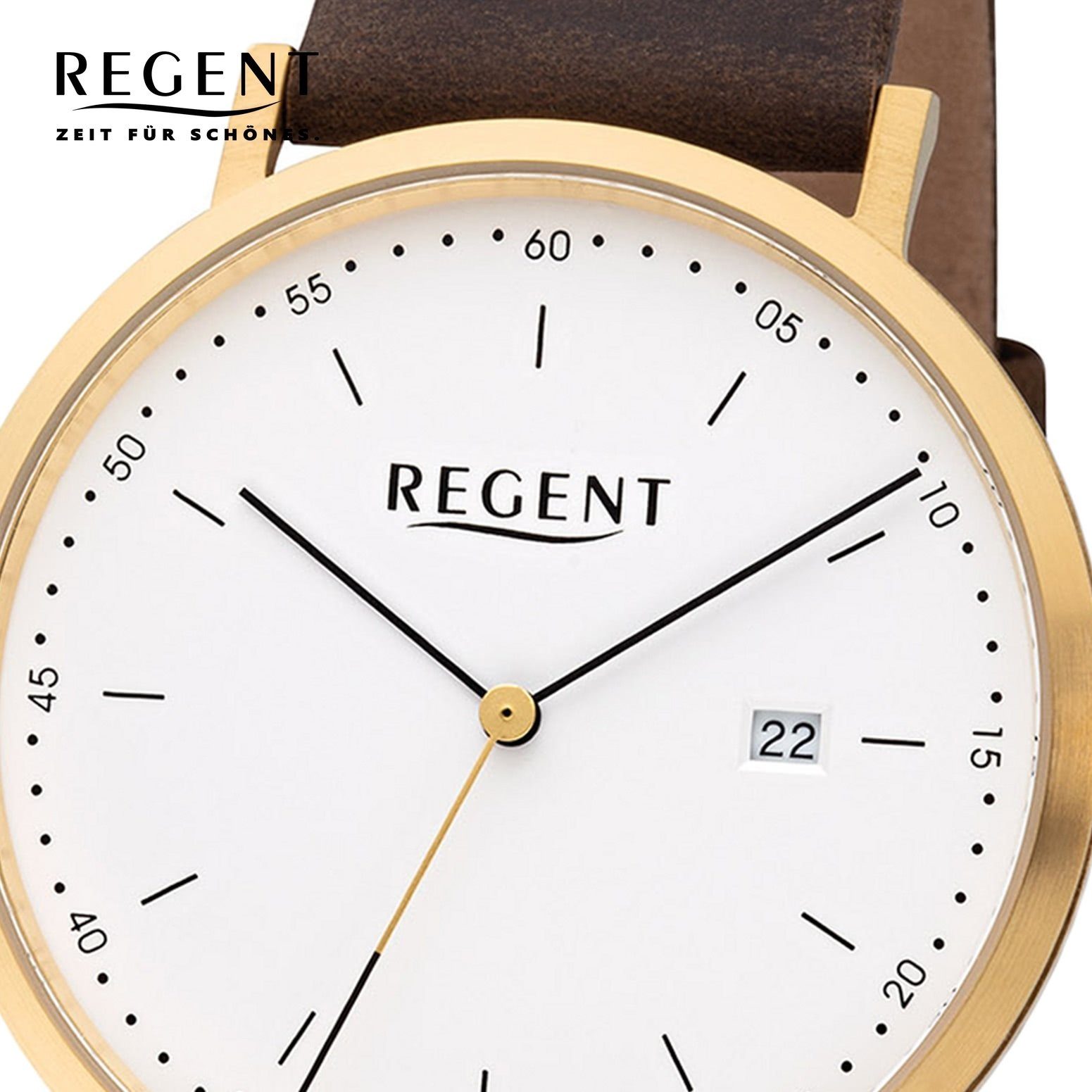 Herren Uhr Quarzuhr Regent 40mm), groß rund, F-1143 Quarz, Lederarmband Armbanduhr (ca. Regent Leder Herren