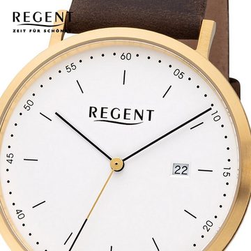 Regent Quarzuhr Regent Herren Uhr F-1143 Leder Quarz, Herren Armbanduhr rund, groß (ca. 40mm), Lederarmband