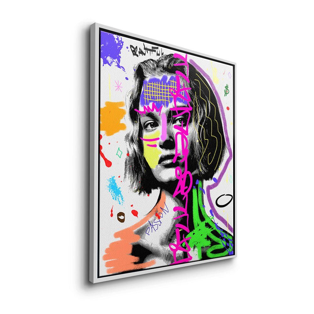 mit Leinwandbild weiß Pop weißer premium Graffiti Rahmen Lady Power Leinwandbild, Rahmen Art DOTCOMCANVAS®