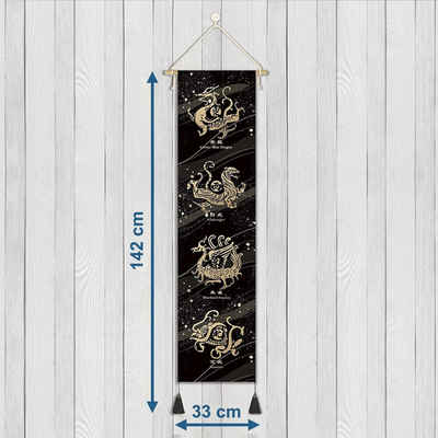 GalaxyCat Poster Hochwertiges Feng Shui Rollbild aus Stoff, Kakemono 130x33cm, Inkl., Schutztiere, Feng Shui Rollbild / Wallscroll