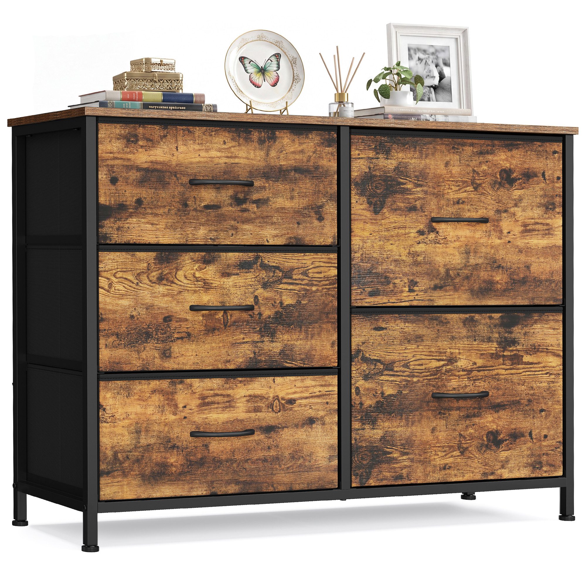 SONGMICS Kommode mit Stoffschubladen, für Schlafzimmer, Wohnzimmer, Flur, Aufbewahrungsschrank mit 5 Schubladen, 98,7 x 30 x 74,7 cm