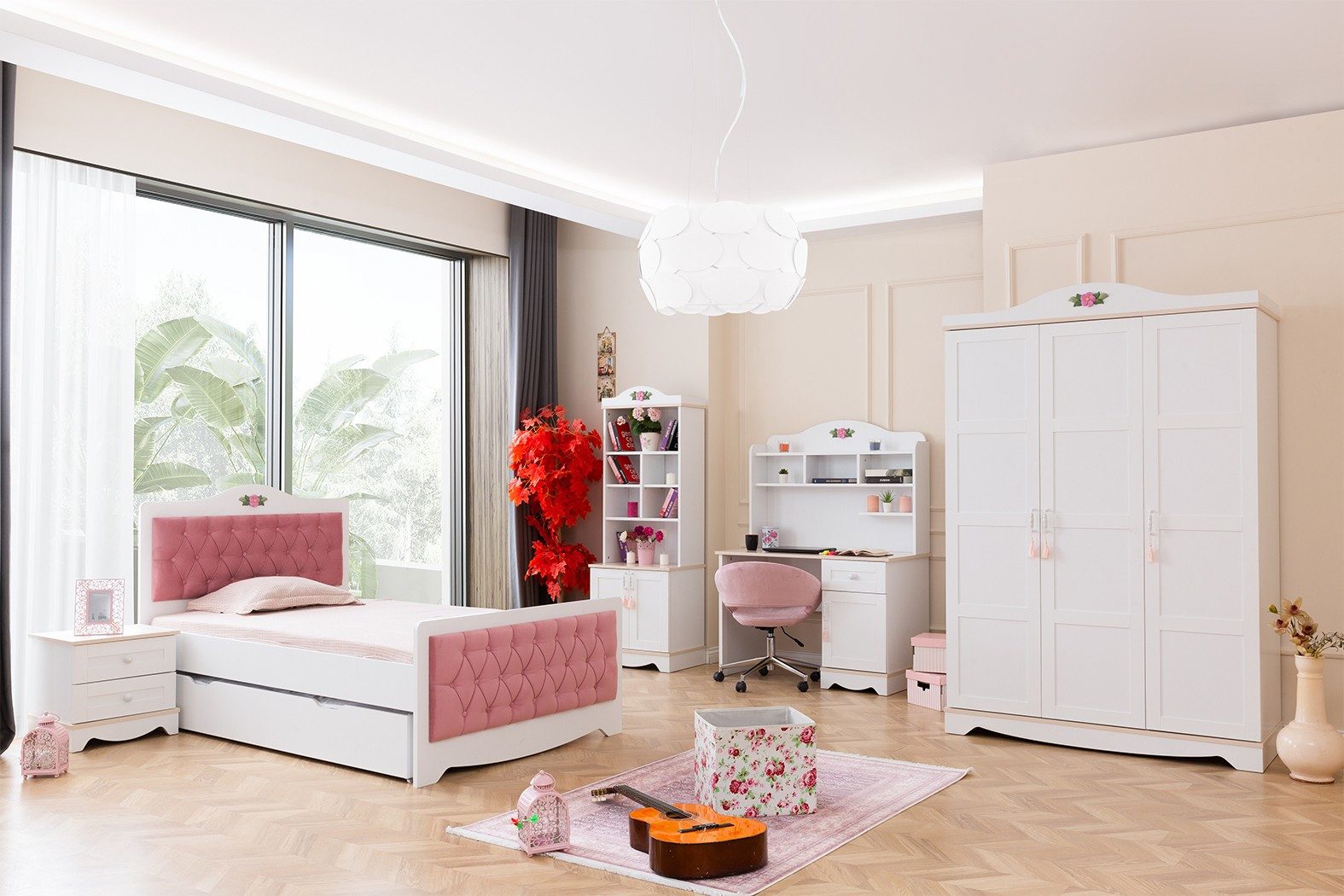 Jugendzimmer-Set Bett, Schrank, Schreibtisch und Regal in Weiß und Holzoptik