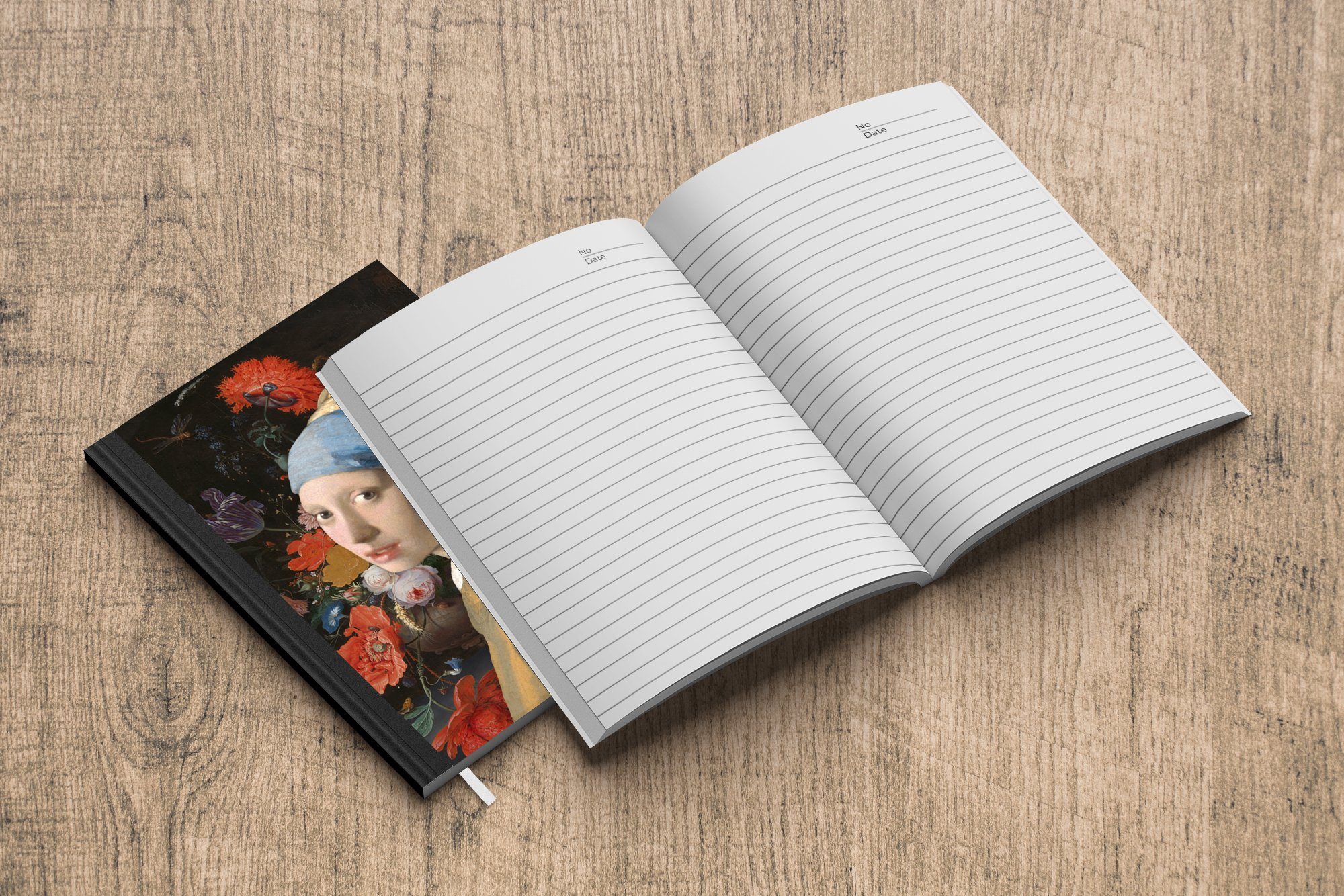 dem Journal, Blumen, - Haushaltsbuch Merkzettel, Vermeer 98 Tagebuch, Johannes mit Notizbuch - Notizheft, Mädchen Seiten, A5, Perlenohrring MuchoWow Das