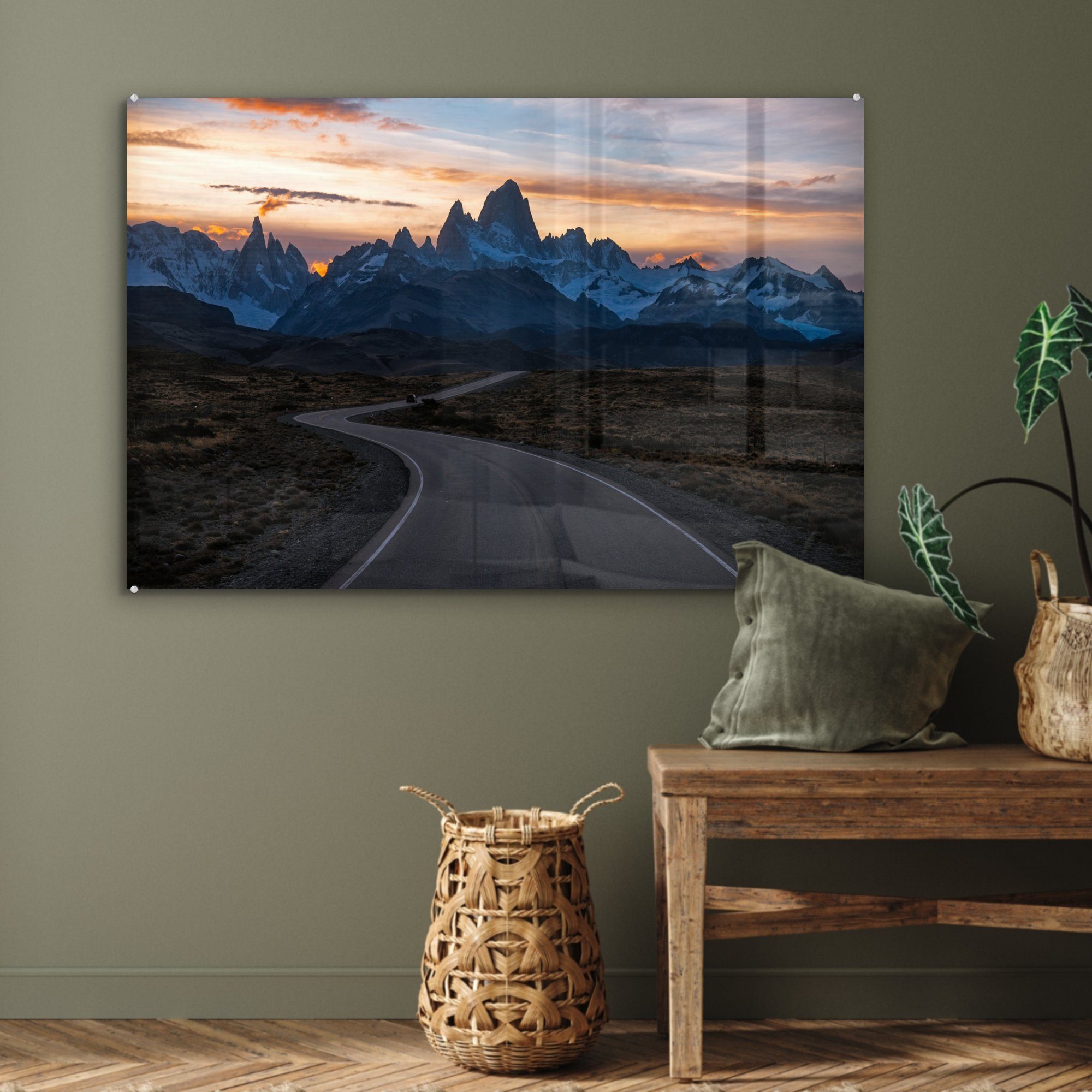 Sonnenuntergang Acrylglasbild Nationalpark Bergen Acrylglasbilder im Wohnzimmer hinter St), & den MuchoWow Patagonien, (1 Schlafzimmer