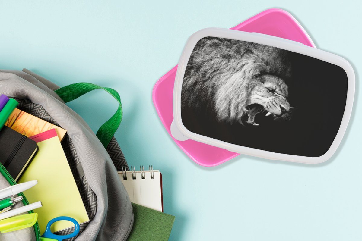 Tiere, Brotdose Snackbox, MuchoWow Kinder, - - Kunststoff Brotbox Löwe Weiß Lunchbox (2-tlg), Mädchen, - rosa - Porträt für Erwachsene, Schwarz Kunststoff,