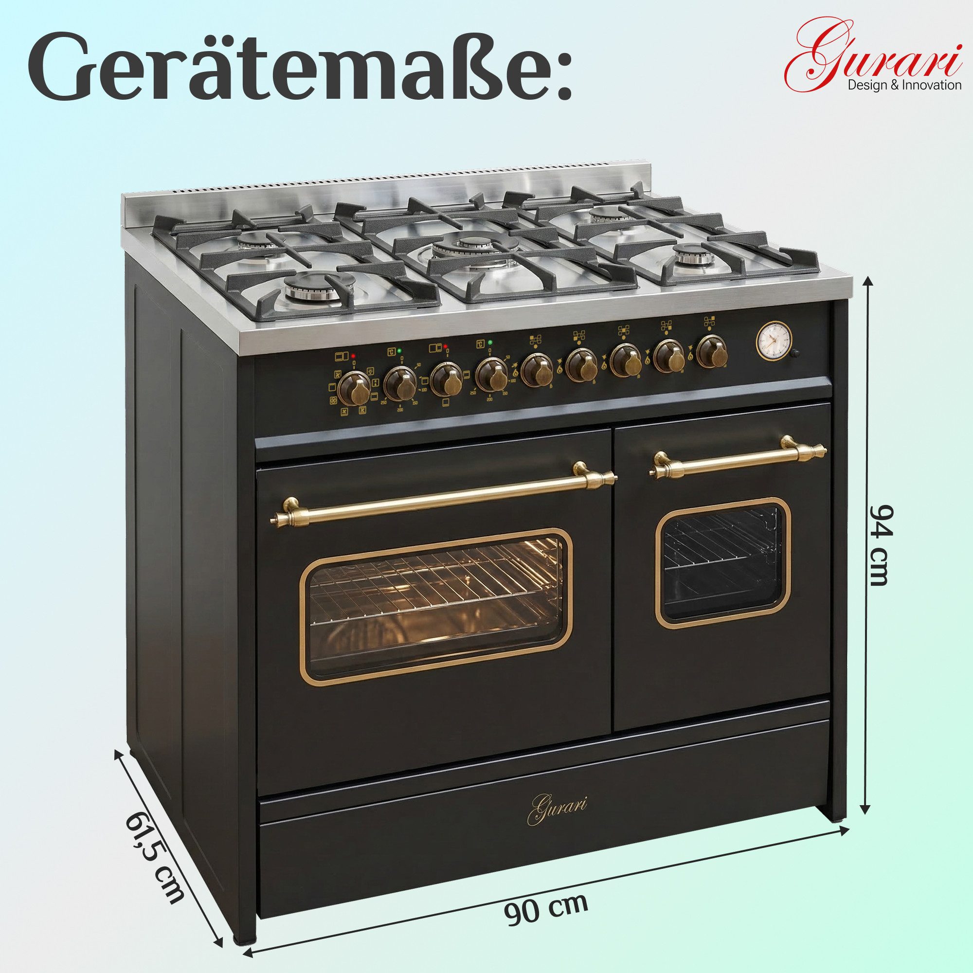 GURARI Gas-Standherd GCH E 916 BL R Retro Gas Elektro Standherd 90 cm, Range Coocker, mit 1-fach-Teleskopauszug, Easy-Clean-Emaille, Retro Gas Elektro Standherd 90 cm, Range Coocker, 8 Funktionen