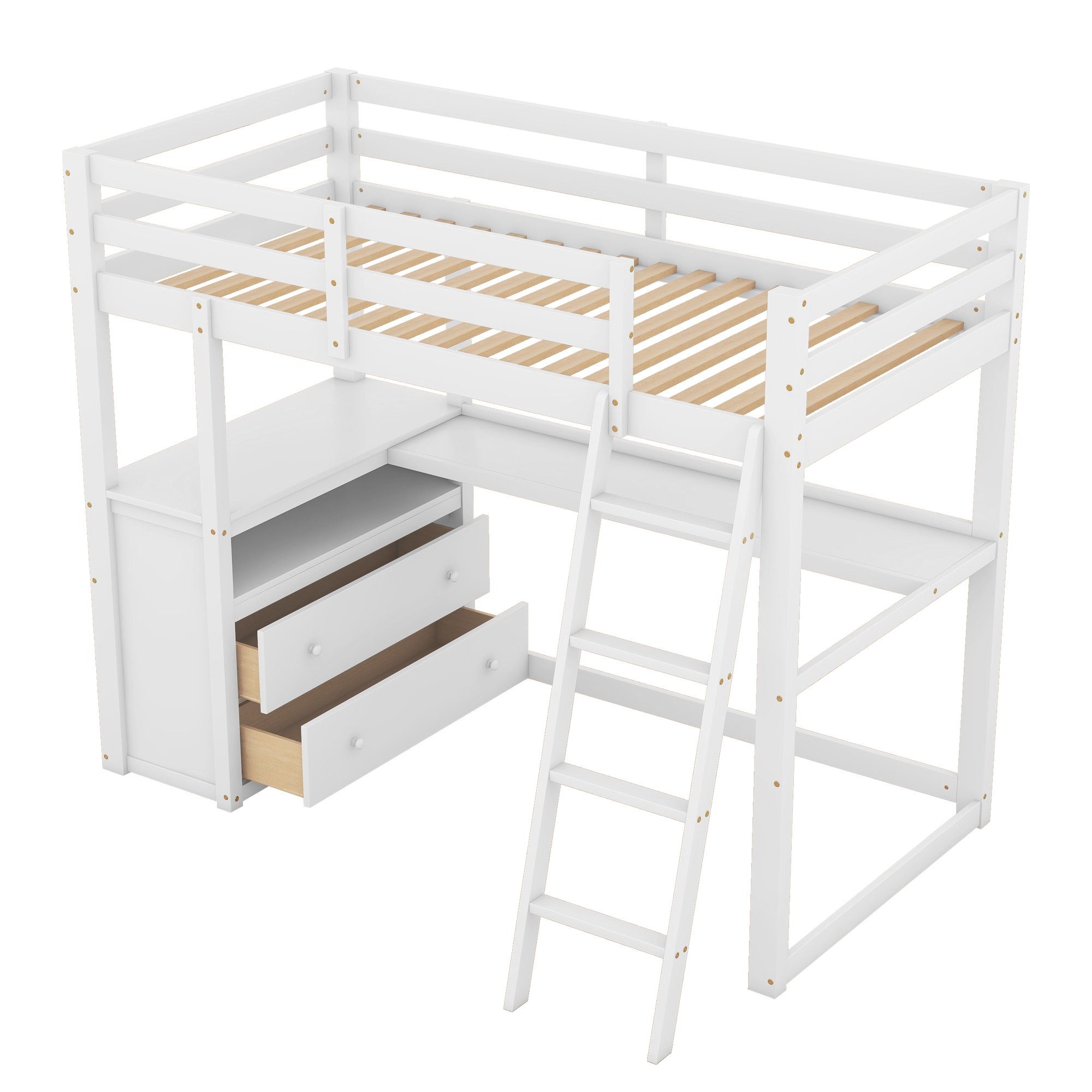 SOFTWEARY Hochbett Einzelbett cm, Lattenrost mit Holzbett Kinderbett Kiefer, mit aus Jugendbett weiß (90x200 Rausfallschutz)