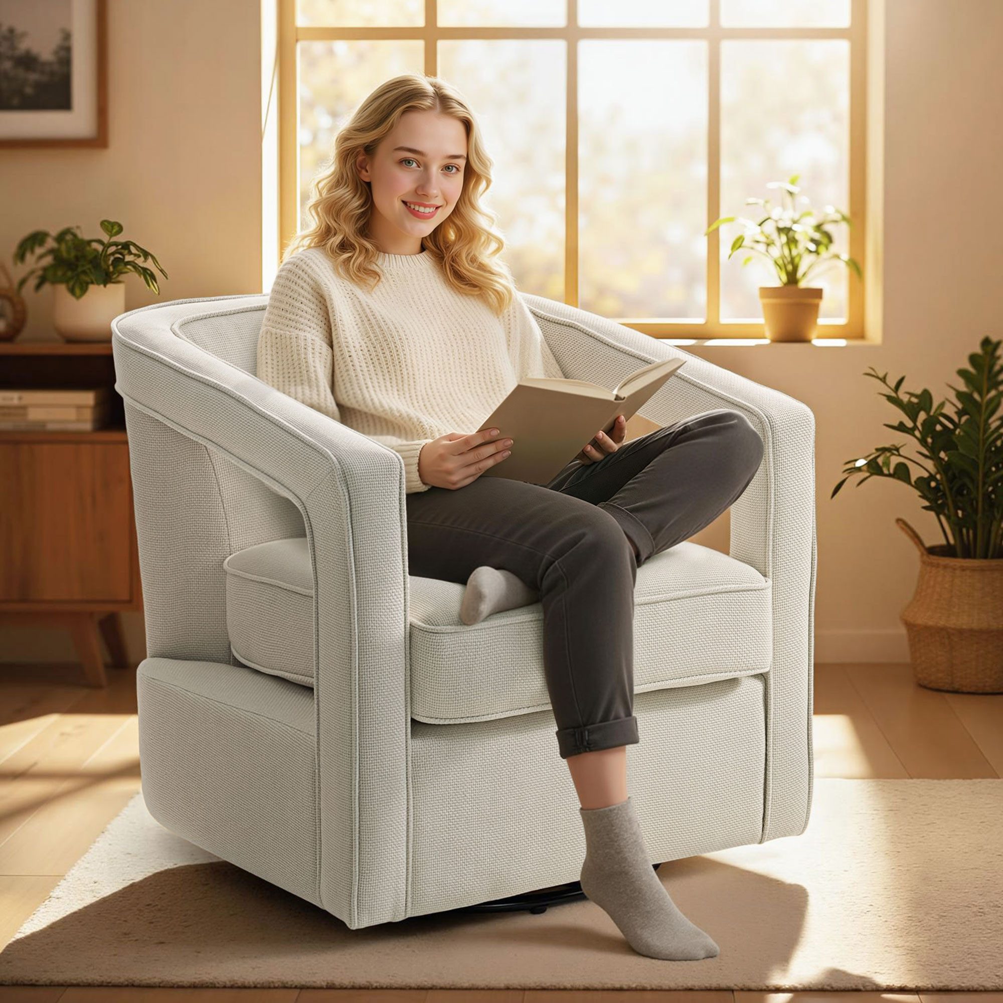HOMCOM Sessel Loungesessel 360° drehbar Polsterstuhl mit Leinenoptik (Relaxsessel, 1-St., Gepolsterter Armlehnstuhl), für Wohnzimmer, Schlafzimmer, Beige