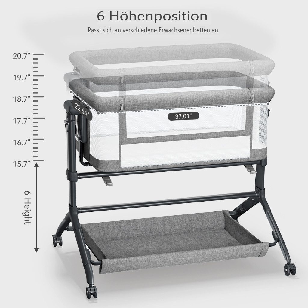 Insma Beistellbett 3 in 1 Babybett Babywiege Reisebett für Neugeborene, 6-stufige Höhenverstellung, mit feststellbarer Rollen, Matratze