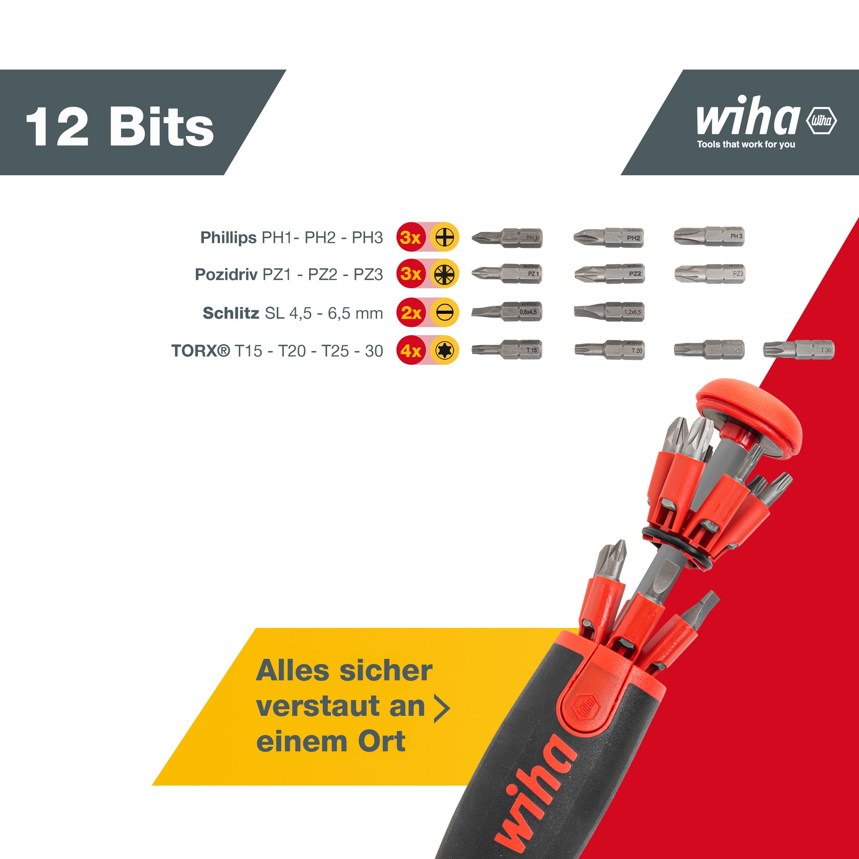 Wiha Schraubendreher LiftUp 25 (38600), verstaubares Bit Set, Schraubenzieher, Schlitz, Kreuz-schlitz, TORX