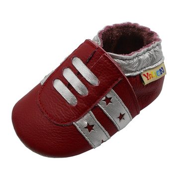 Yalion Weiche Leder Lauflernschuhe Hausschuhe Lederpuschen Streifen Rot Krabbelschuh