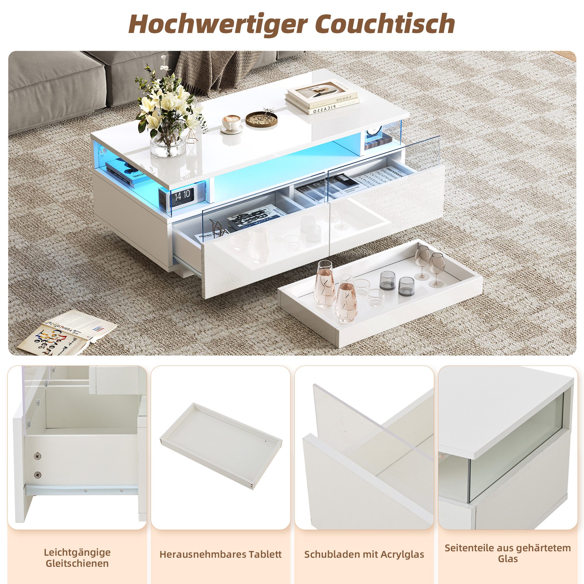 Merax Couchtisch hochglanz Sofatisch Beistelltisch mit LED-Beleuchtung (90x45x35.5cm, 1-St., Schubladen aus Acryl, Glas-Seitenteilen & App-gesteuertem Licht), W – Bild 5 von 5