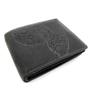JOCKEY CLUB Geldbörse echt Leder Portemonnaie mit RFID Schutz heulender Wolf, Geldbeutel, Mond, Farbe schwarz
