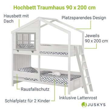Juskys Kinderbett Traumhaus, 90x200 cm, Hochbett in Haus-Optik, Rausfallschutz, inkl. Lattenrost