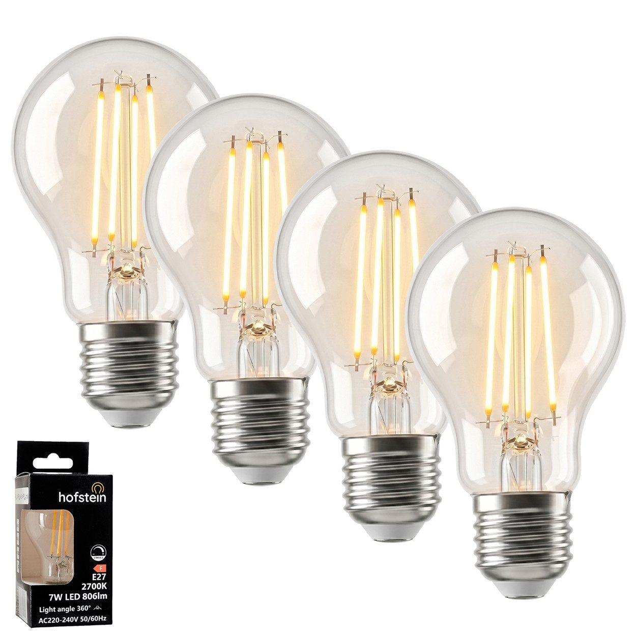 hofstein LED-Leuchtmittel 4er Set Glühbirne Warmweiß dimmbar 7 Watt, E27, 2700 Kelvin, 800 Lumen, Klassisch, Filament, Klar