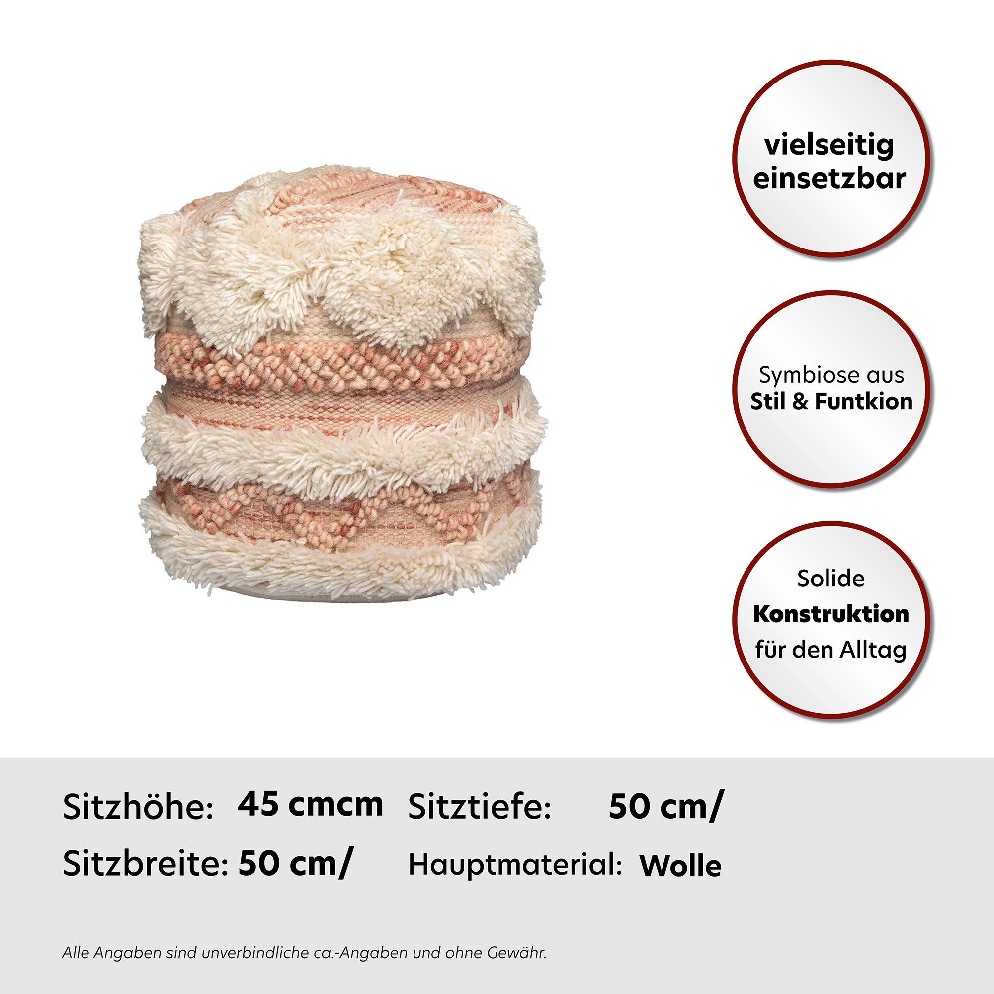 Kayoom Pouf Bohist 225 35cm x 35cm, Strukturen mit Fransen und Quasten (1-St), handgefertigt, Unikat, sehr gut kombinierbar, vielfältig im Einsatz