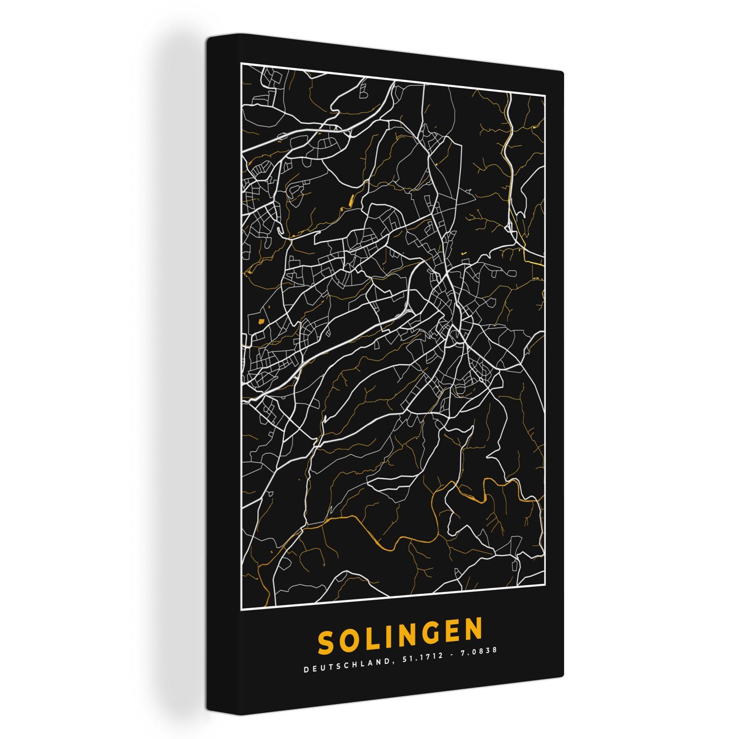 OneMillionCanvasses® Leinwandbild Solingen - Gold - Stadtplan - Deutschland - Karte, (1 St), Leinwandbild fertig bespannt inkl. Zackenaufhänger, Gemälde, 20x30 cm