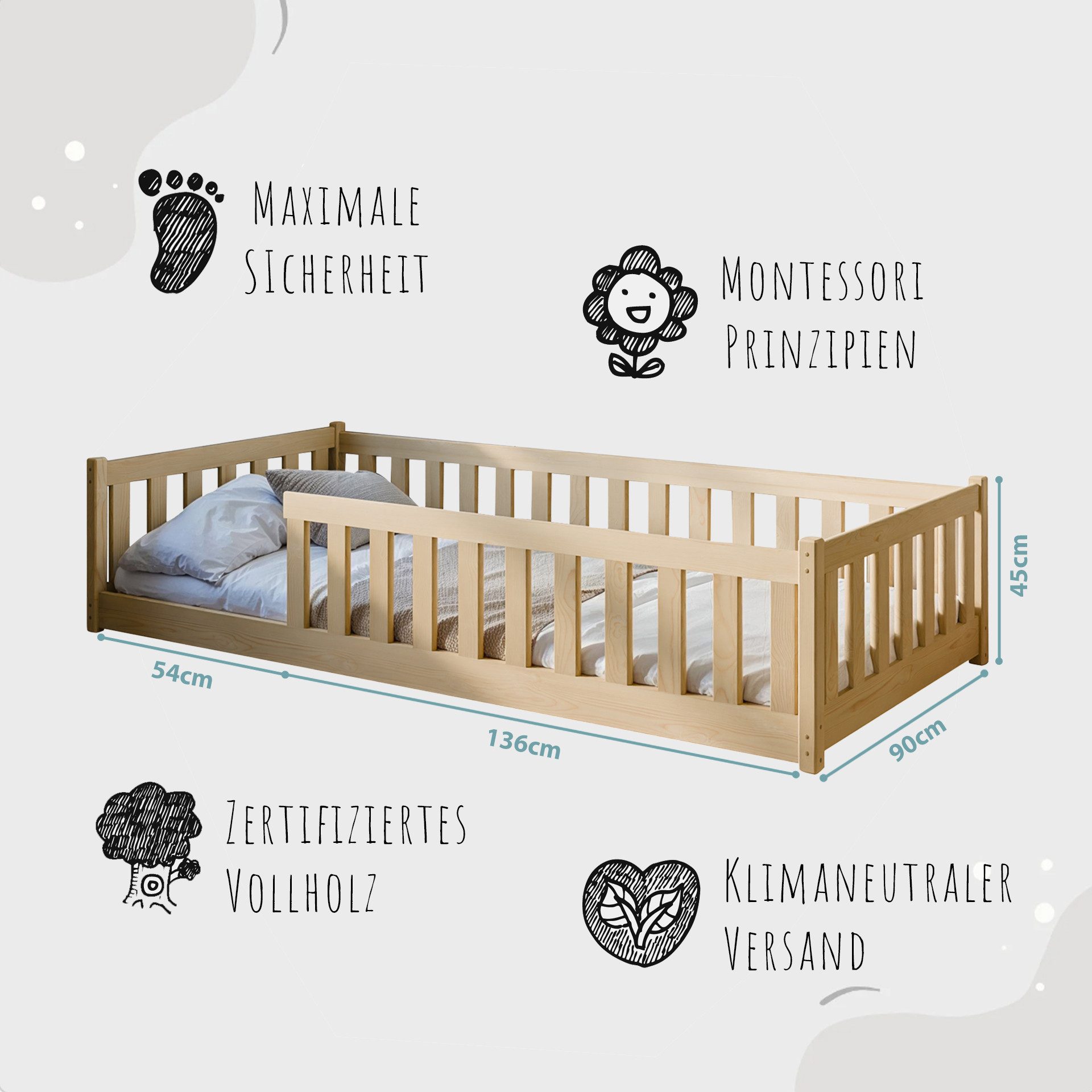Kids Collective Kinderbett Bodenbett Bett mit Rausfallschutz & Lattenrost Montessori Bett Kinder (weitere Größen 80x160, 80x180, 90x200, 120x200, 140x200 cm), Jugendbett Einzelbett optional mit Matratze, natur Kiefer 90 x 190 cm
