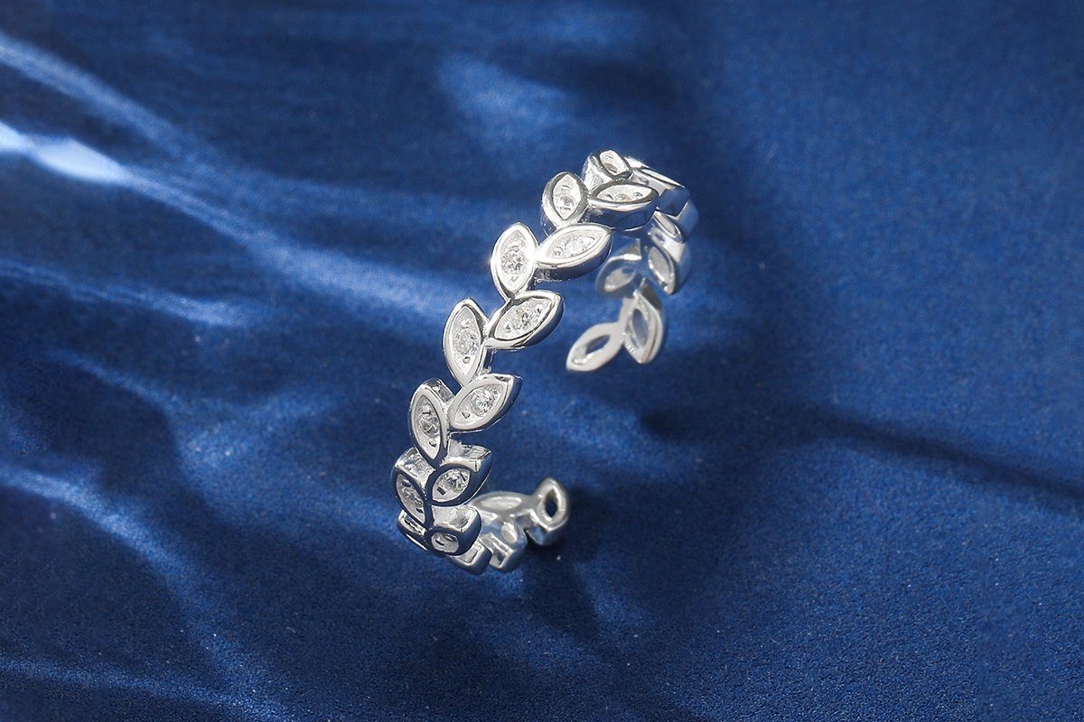 Eyecatcher Silberring Lorbeerblatt Blätter Ring aus Sterling Silber mit Edelsteinen, Größenverstellbar, Lorbeerblatt Blätter Ring