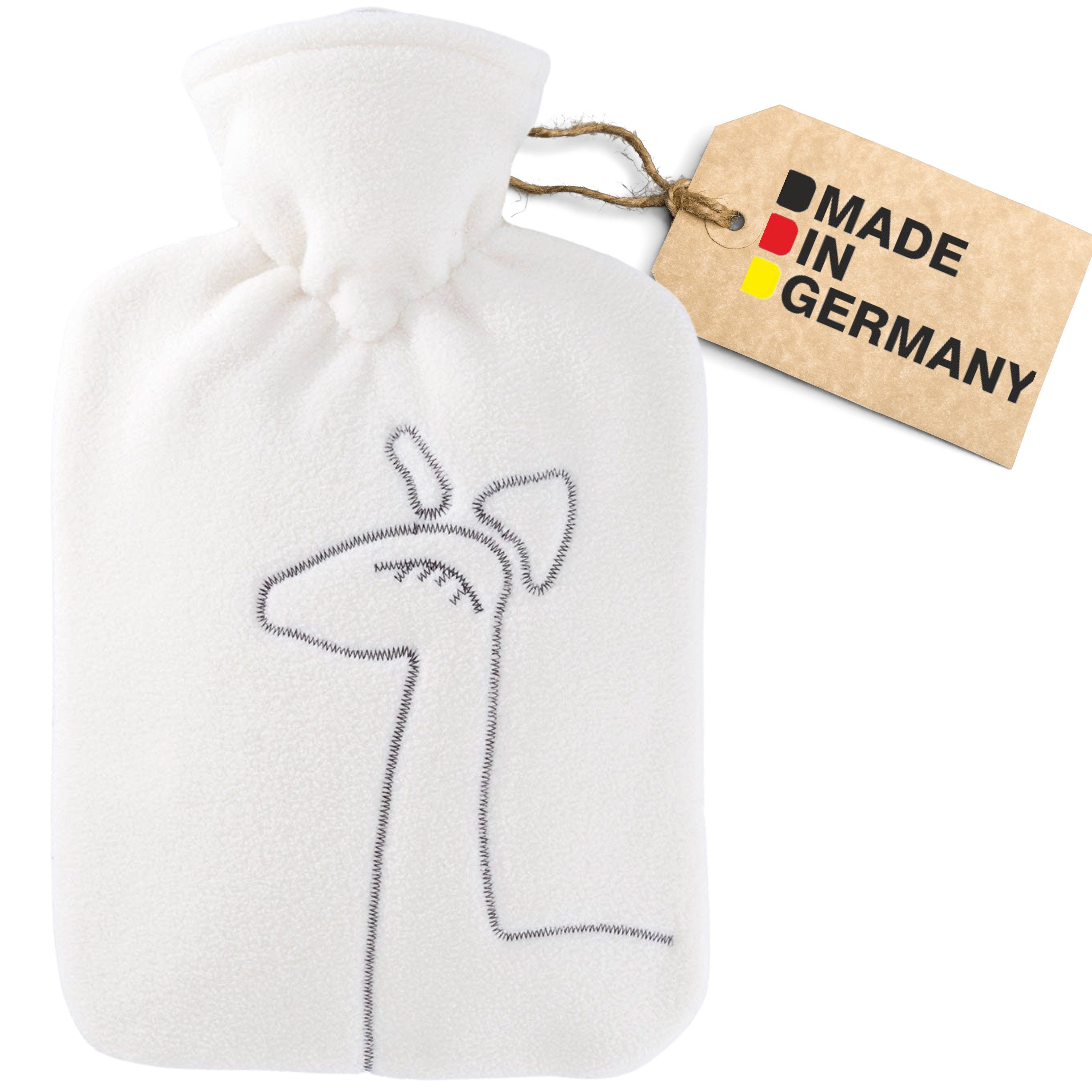 Hugo Frosch Wärmflasche Klassik 1,8 l Made in Germany mit Fleecebezug & Stick-Applikation, Giraffe Weiß - langlebige Bettflasche, waschbarer Überzug