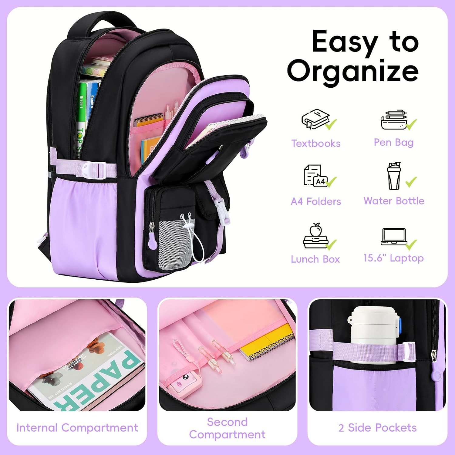 MOPUEA Schulrucksack Schultasche Mädchen Teenager Kawaii 23 L für 3.-7. Klasse (Schulrucksack-Set mit Lunch Tasche und Federmäppchen, 4-tlg., Mit Schulrucksack Lunch Tasche Federmäppchen und Geldbörse), Leicht Wasserabweisend Großes Fassungsvermögen Ergonomisch