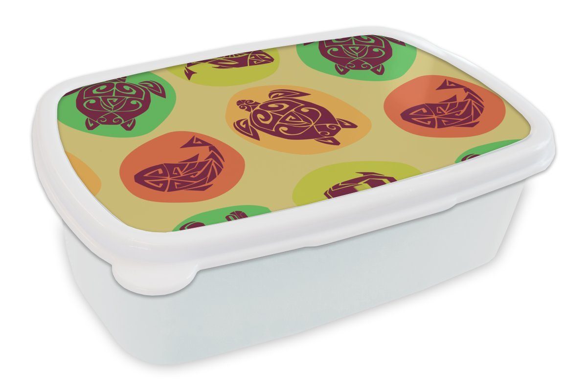 MuchoWow Lunchbox Schildkröte - Fisch - Maori - Muster, Kunststoff, (2-tlg), Brotbox für Kinder und Erwachsene, Brotdose, für Jungs und Mädchen weiß