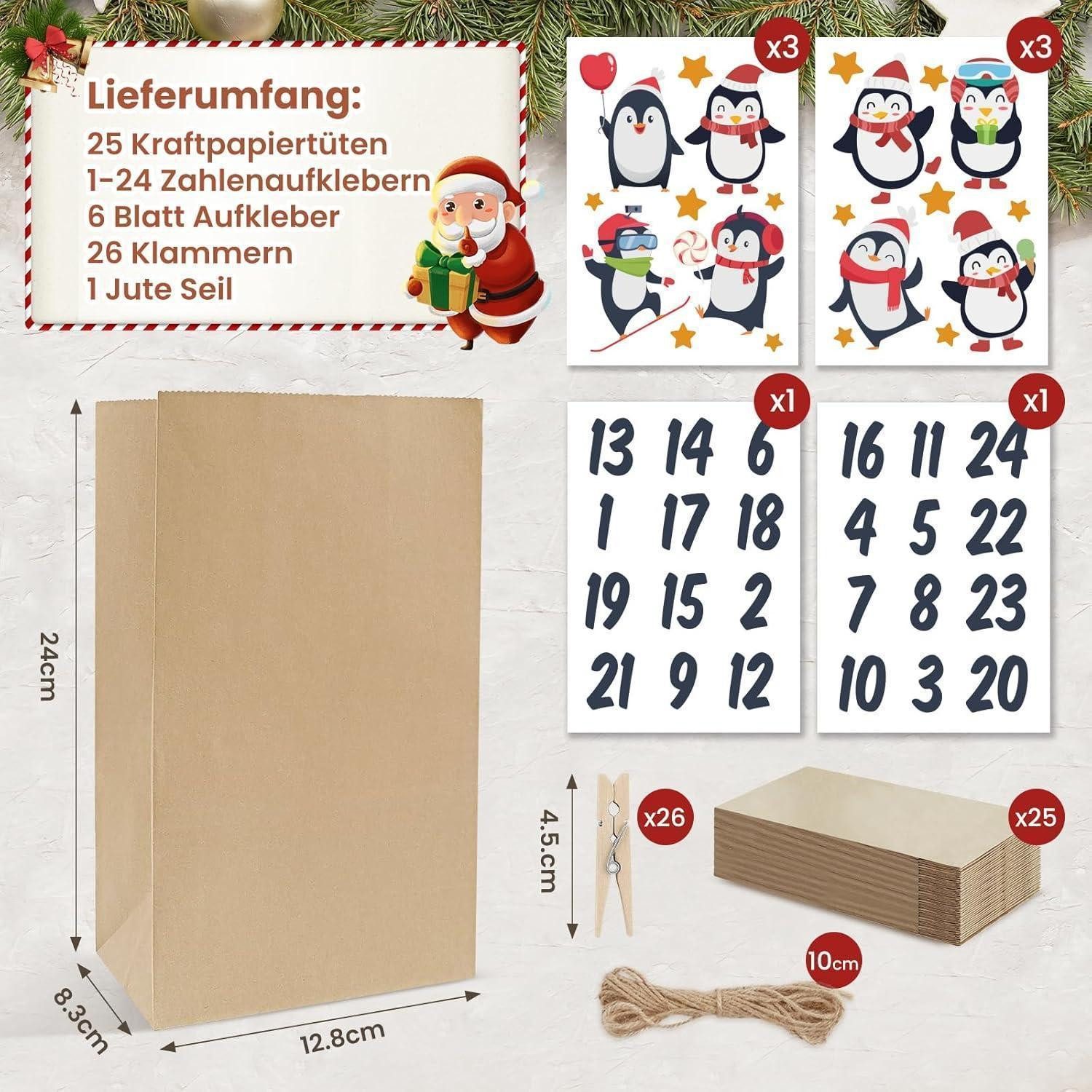 LuxusKollektion DIY-Adventskalender Adventskalender zum Befüllen Pinguine Tüten groß Kraftpapier DIY