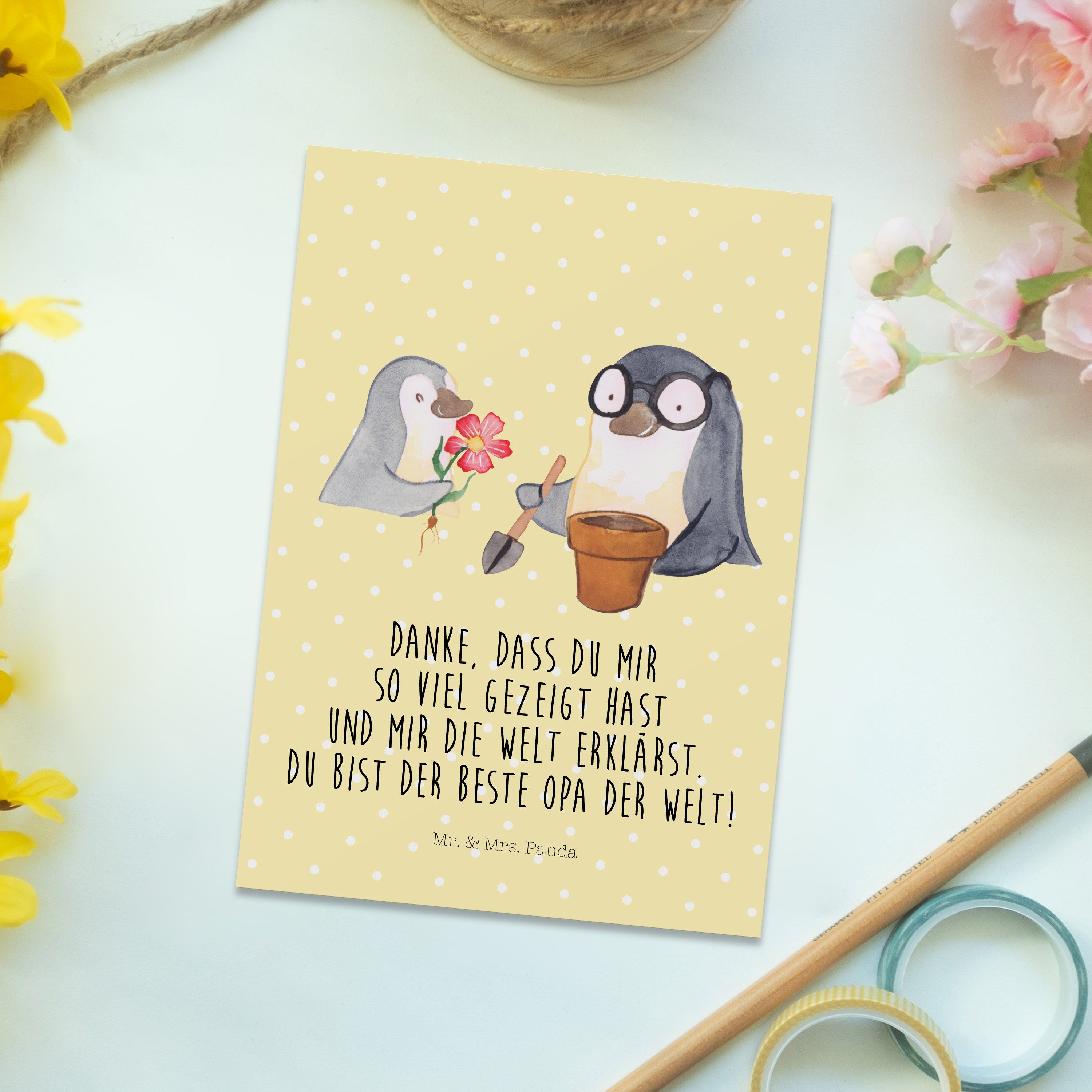 Mama, - Pinguin Geschenk Blumen Mrs. Pastell Opa Postkarte & - Geschenk, Mr. Gelb pflanzen Panda