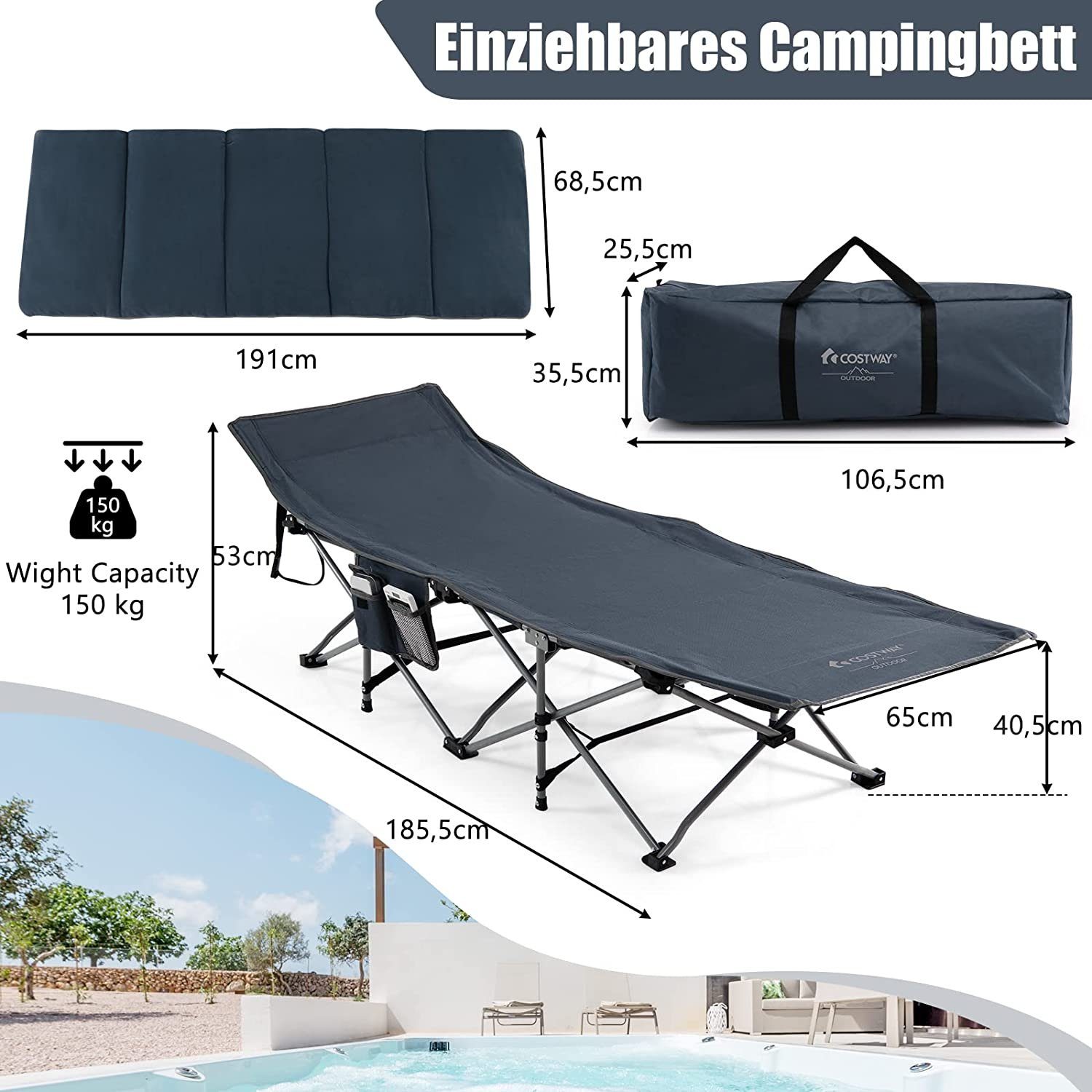 KOMFOTTEU Campingliege Klappbares Schlafbett & mit Blau Matratze Kissen tragbares Campingbett Abnehmbarer