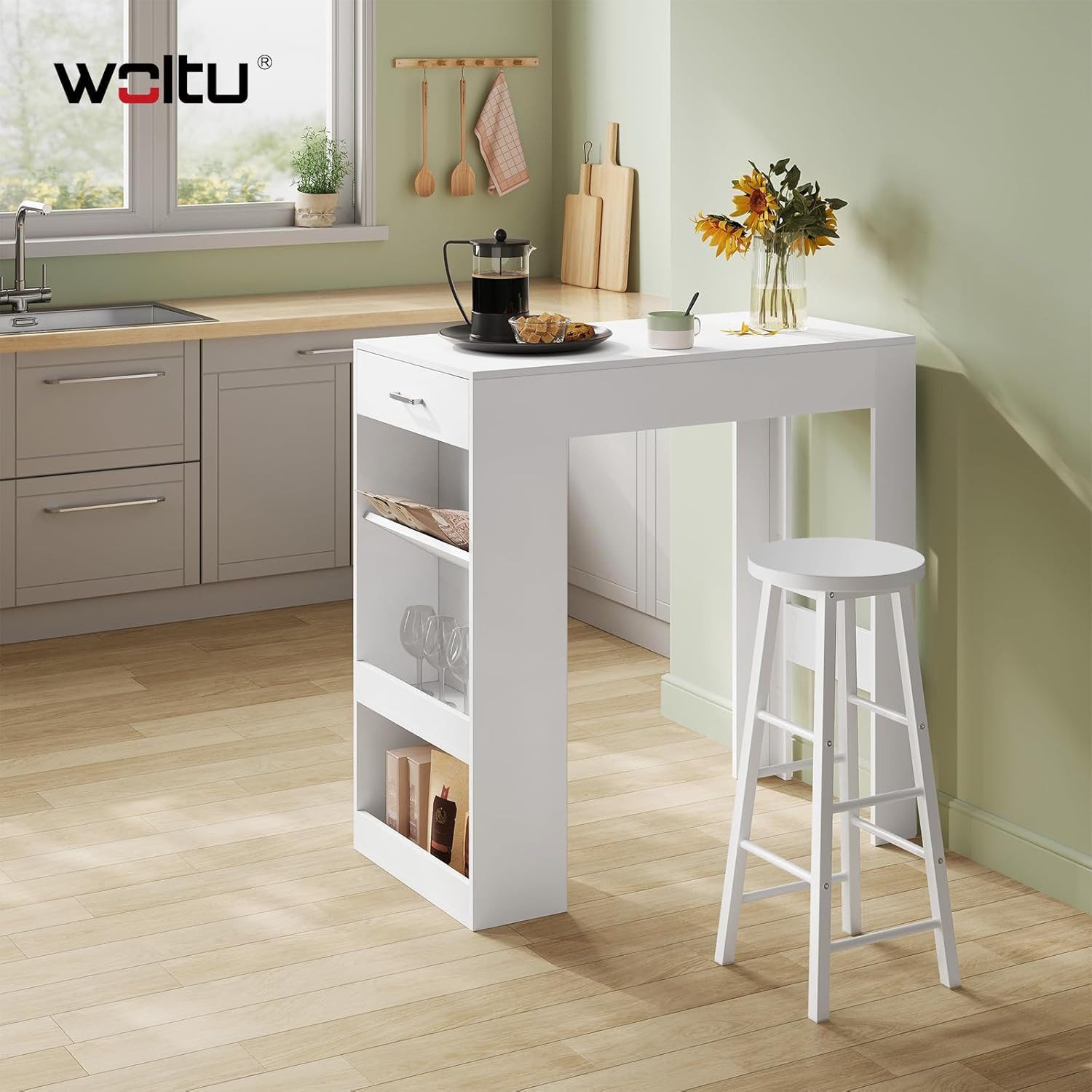 Woltu Bartisch, mit 1 Schublade & 3 Ablagen, Stehtisch mit Weinregal, Bistrotisch