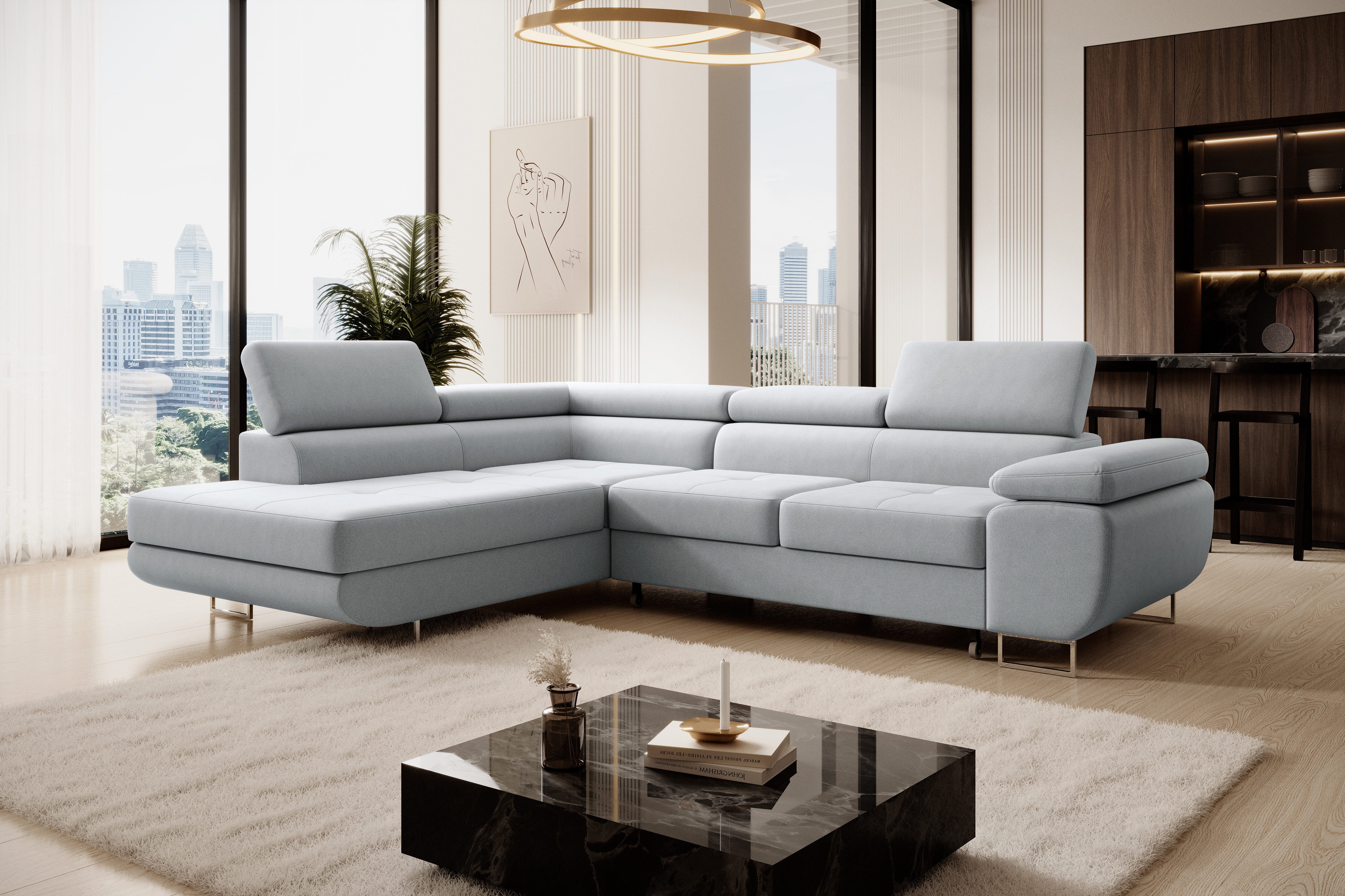 Muffo Ecksofa Wild Ecksofa mit Schlaffunktion, Verstellbare Kopfstützen, Schlaffunktion mit Bettkasten