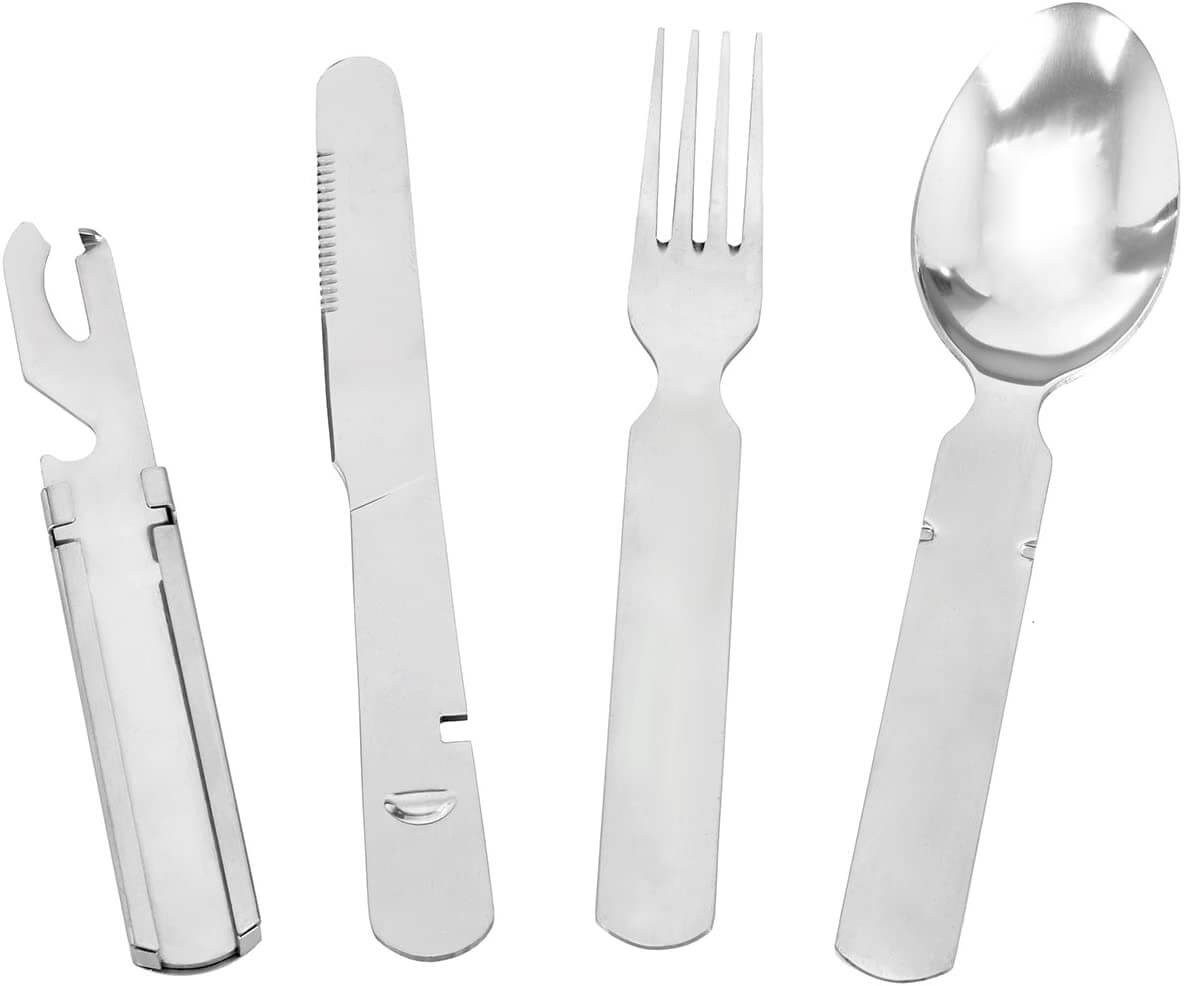 Outdoor International Campinglöffel Bundeswehr Besteck 4-teilig mit Aufbewahrungsbox Messer Gabel Löffel (4 Stück), Platzsparende Aufbewahrungsbox mit integriertem Flaschenöffner