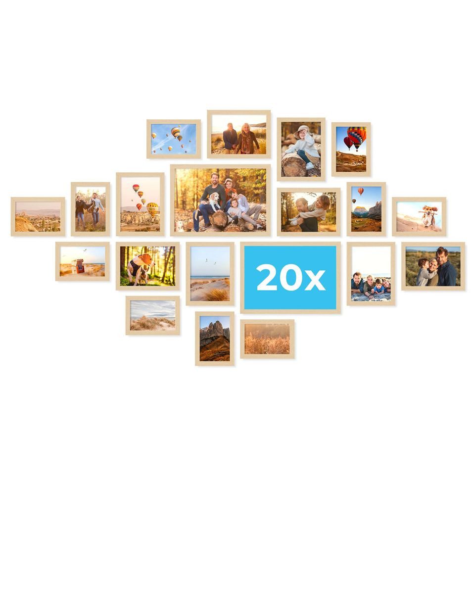 PHOTOLINI Bilderrahmen Sets in verschiedenen Formaten, MDF Holz, Acrylglas & Zubehör, für 20 Bilder (20er Set), Posterrahmen 20er Set No.1 zum Aufhängen oder Aufstellen