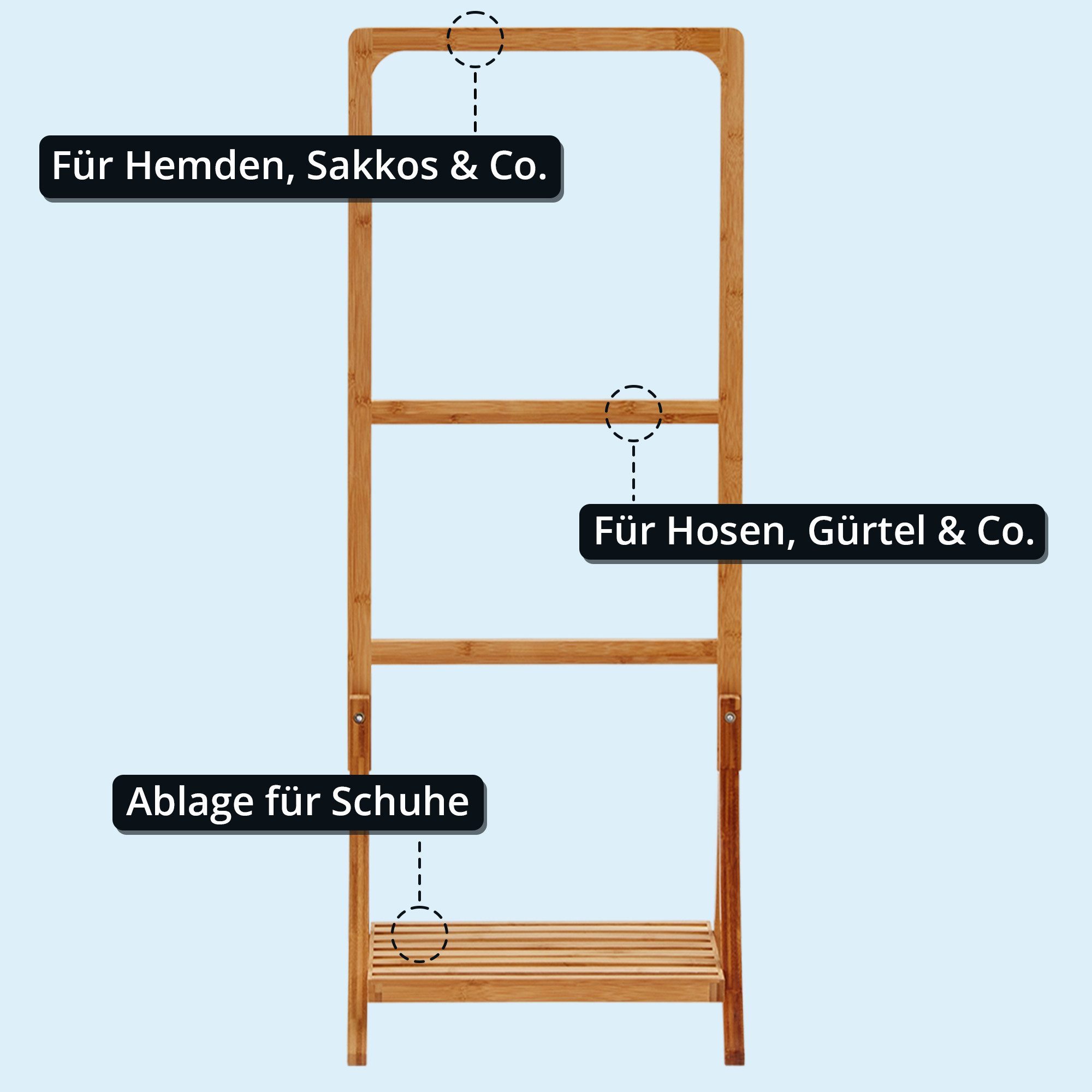 KHG Herrendiener aus Bambus Echtholz für Kleidung, (Stummer Diener, Sackohalter mit Hosenbügel sowie Schuhablage) – Bild 4 von 5