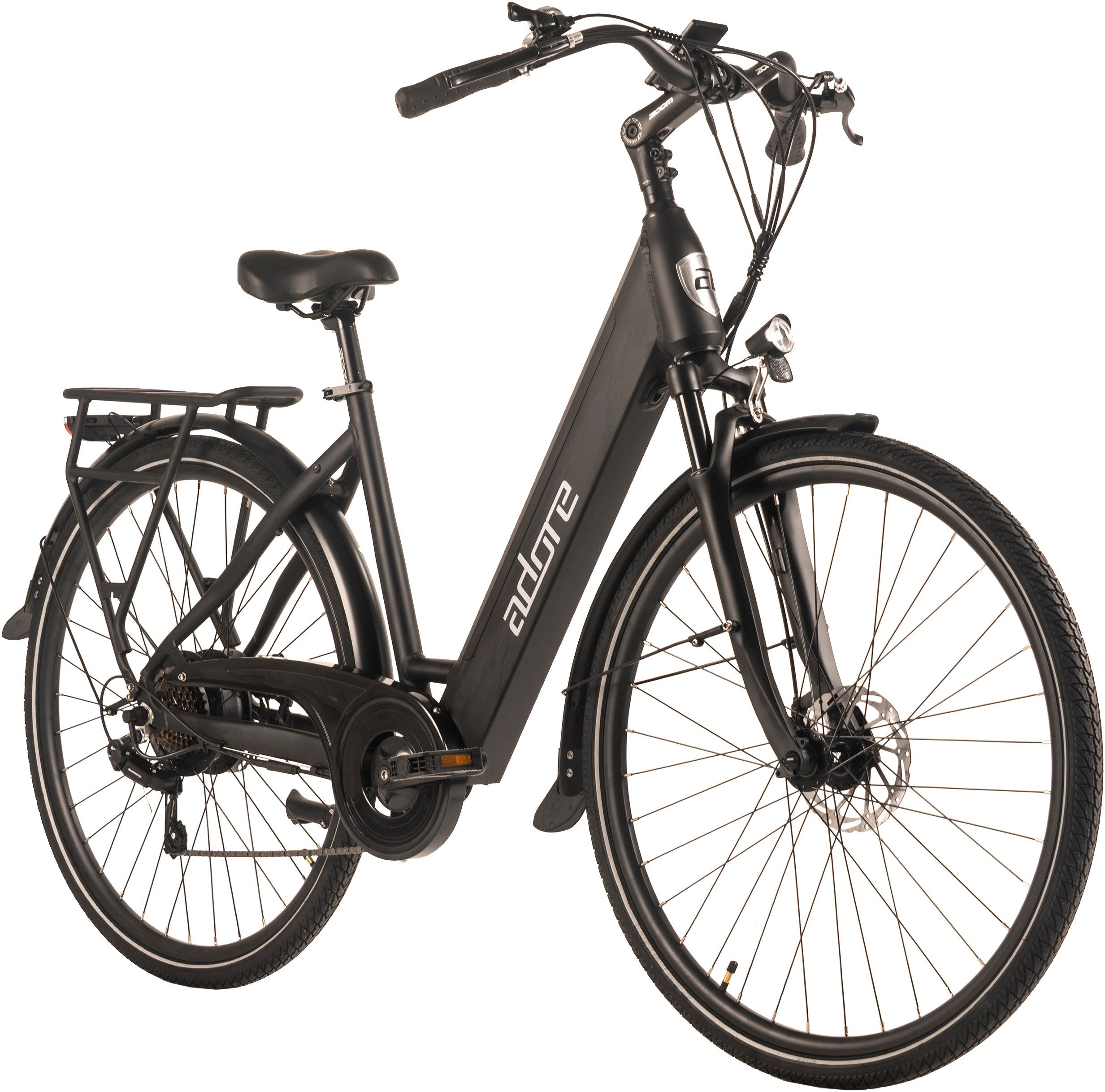 Adore E-Bike Cityrad 28" Alu Cityfahrrad CV-180 Heckmotor 50NM / 15Ah Schwarz matt, 7 Gang Shimano Tourney Schaltwerk, Kettenschaltung, Heckmotor, 540 Wh, Pedelec, Elektrofahrrad für Damen und Herren
