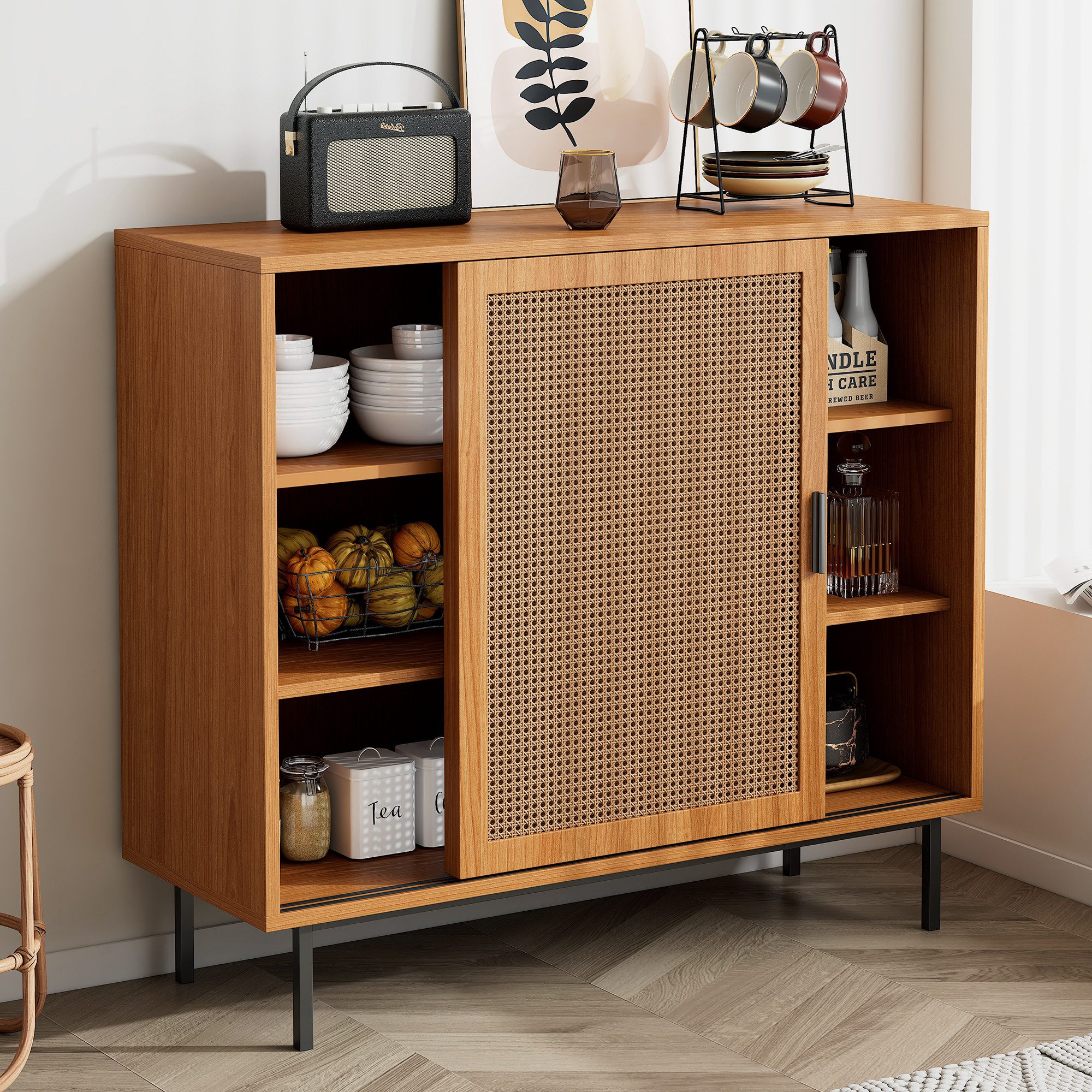 i@home Anrichte Landhausstil Sideboard mit Schiebetüren & Ablagefächern, Walnuss (1 St)