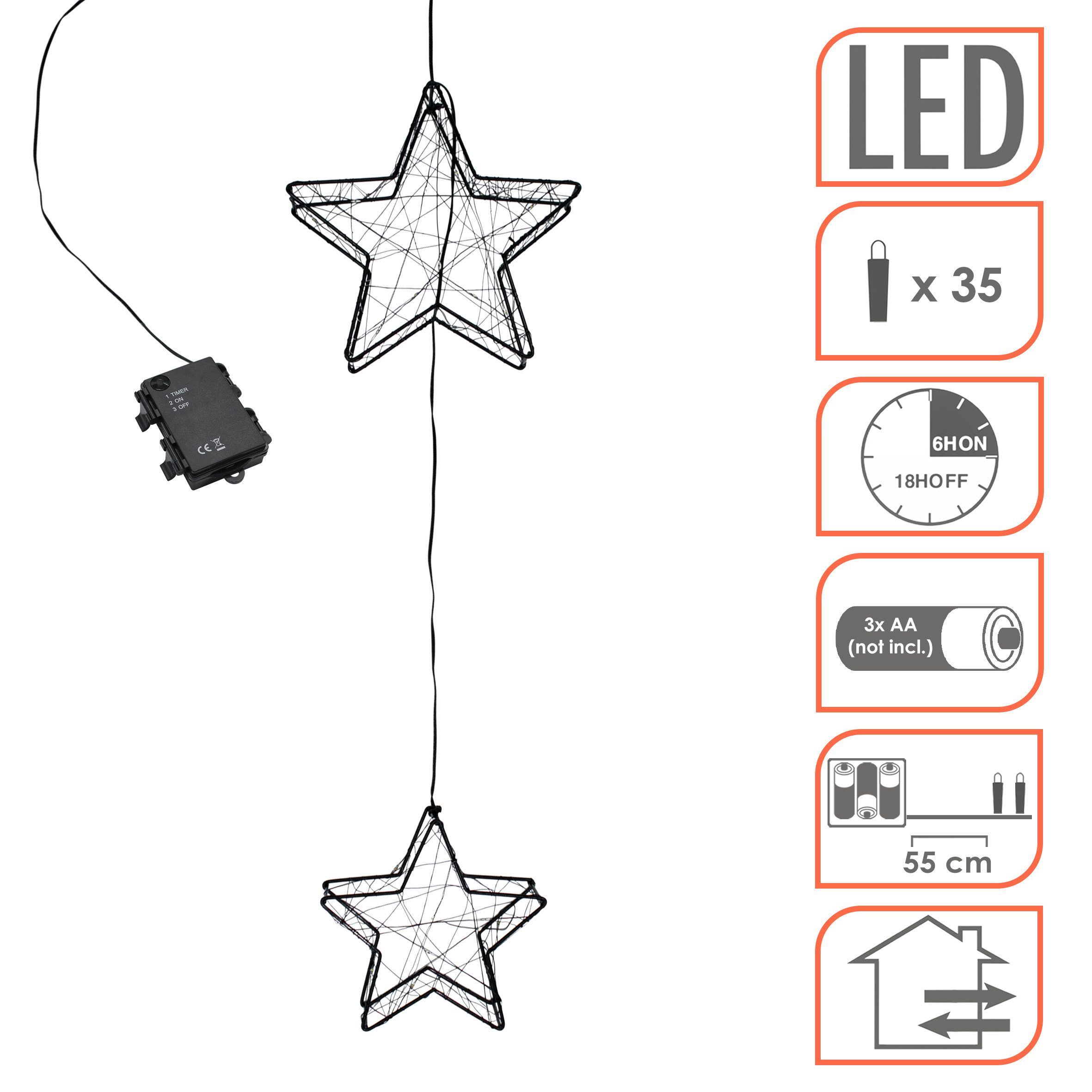 Spetebo LED Stern Metall schwarz 2er Set für Außen batteriebetrieben, Timer, LED fest integriert, warm weiß, IP44 Spritzwasserschutz