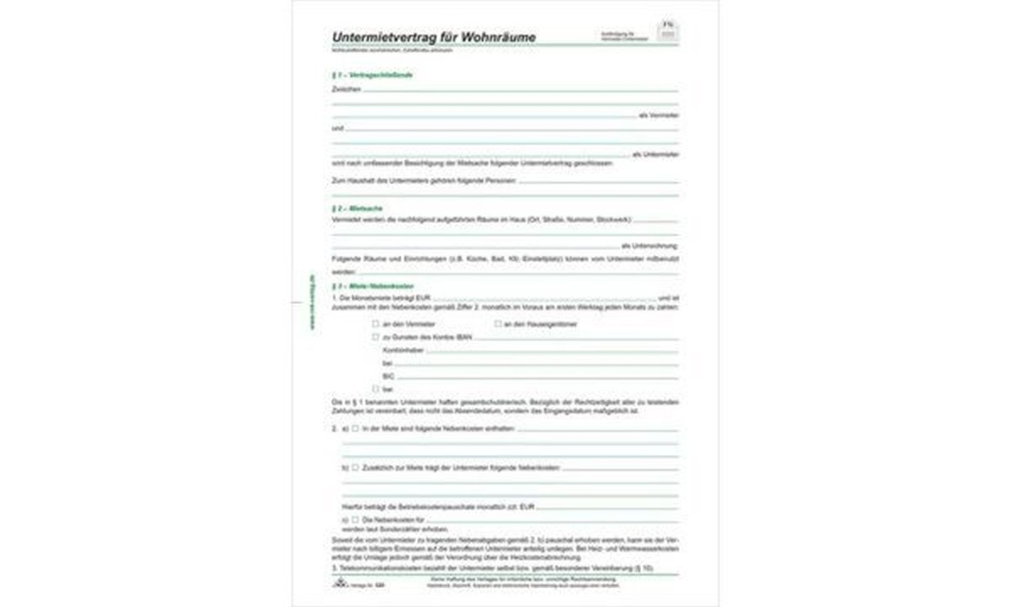 RNK Verlag Formularblock RNK Untermietvertrag A4 10St