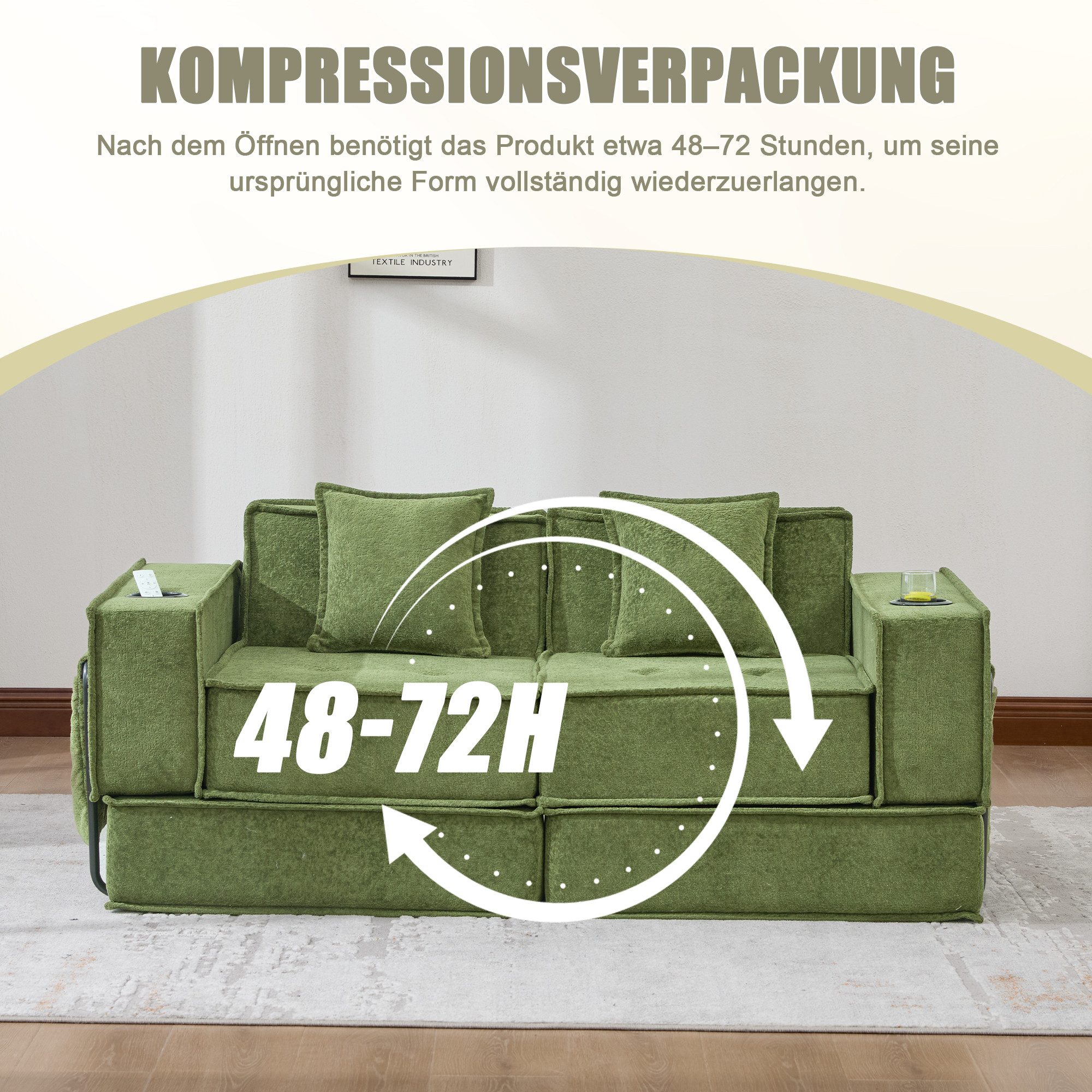 REDOM Sofa Zweisitzer aus Stoff mit 2 Kissen, Doppelschlafsofa inkl. Fußhocker mit Stauraum und Getränkehaltern, Loungesofa Ecksofa