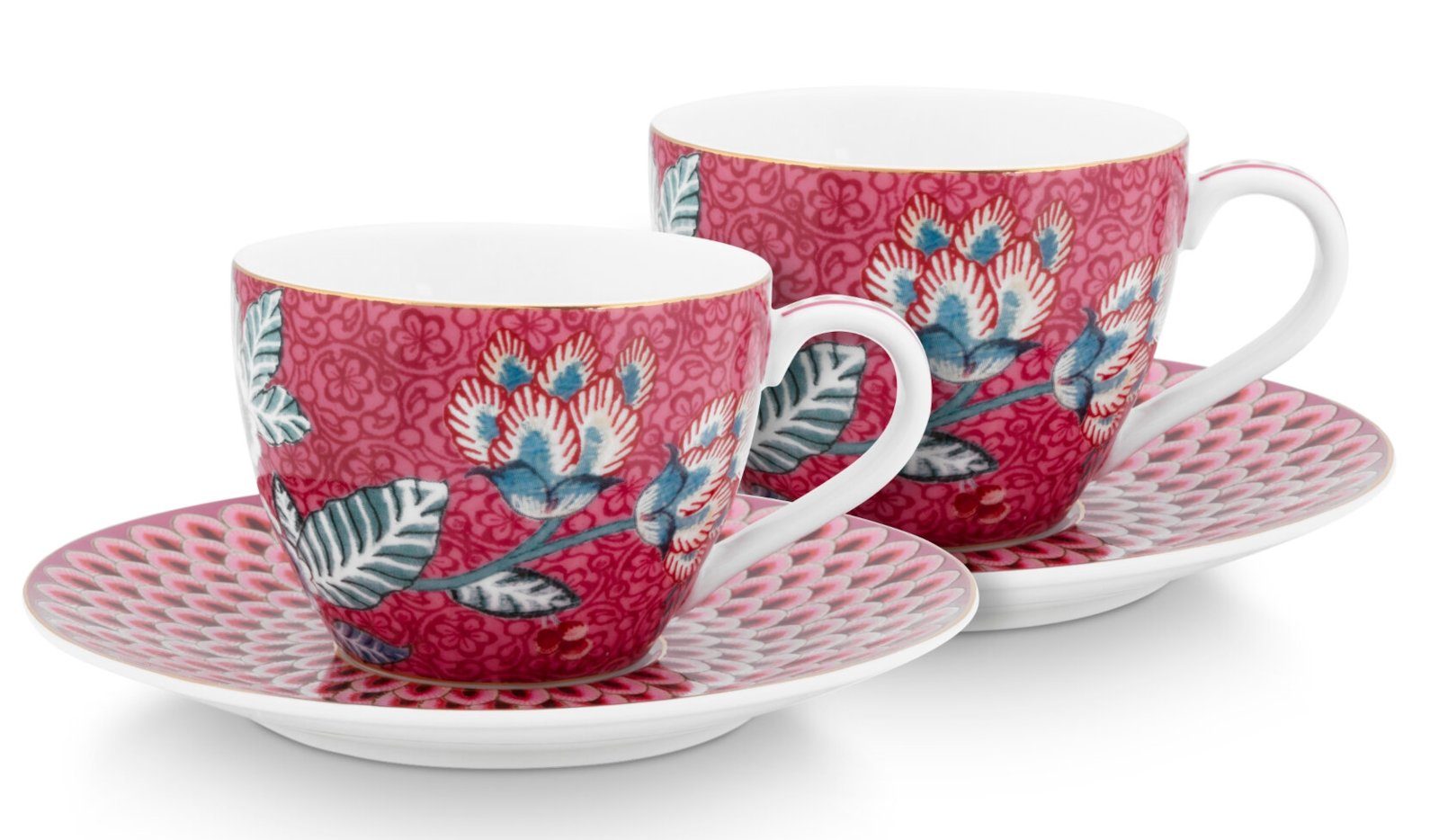 PiP Studio Tasse Flower Festival Espresso m.U. dark pink 120ml Set2, Porzellan, Set/2 Espresso Cups & Saucers Flower Festival Dark Pink 120m