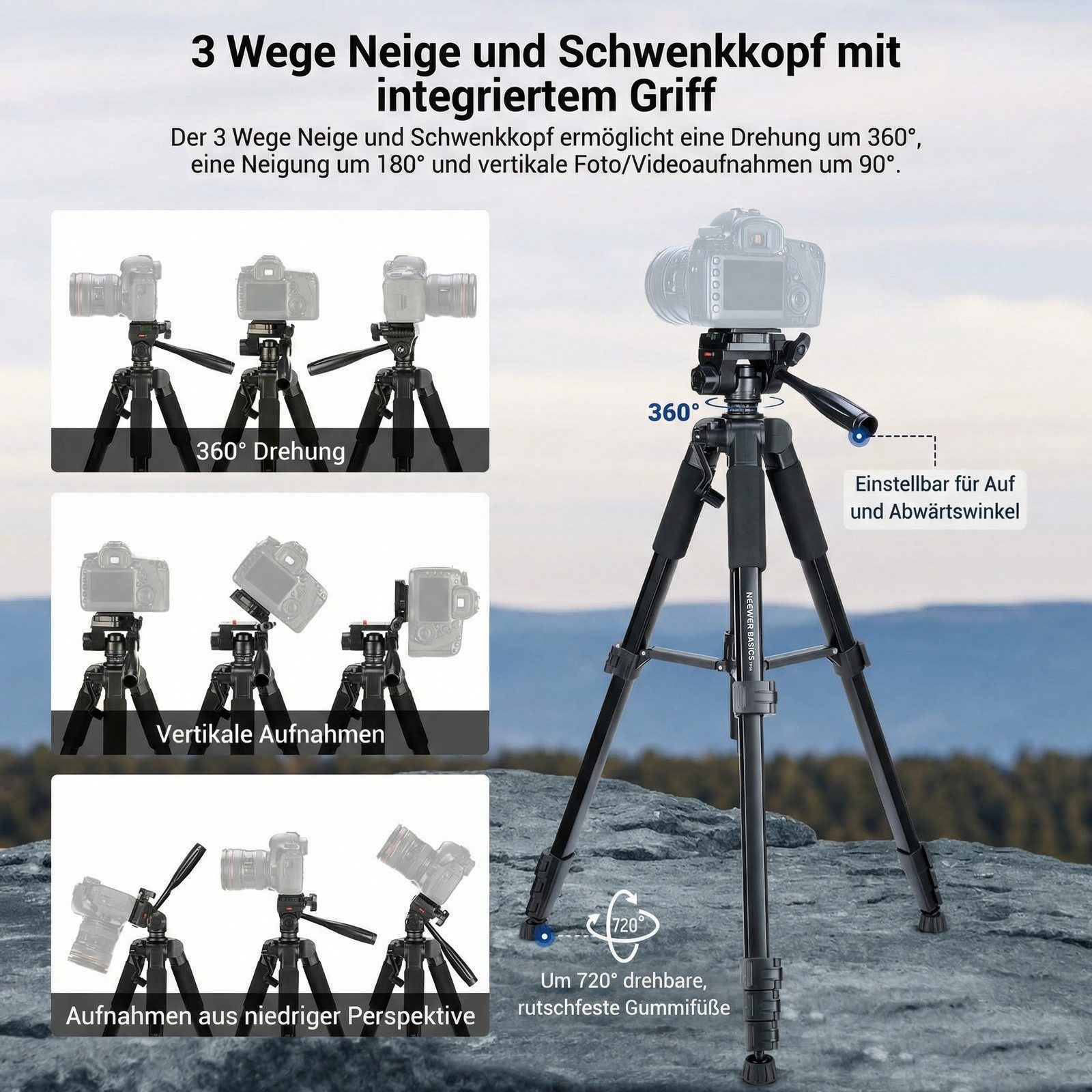 Neewer TP56 Basics Kamera Stativ, 188cm Tripod mit Handyhalterung Dreibeinstativ (leichtes, tragbares Reisestativ aus Aluminium mit 3 Wege Neigekopf)