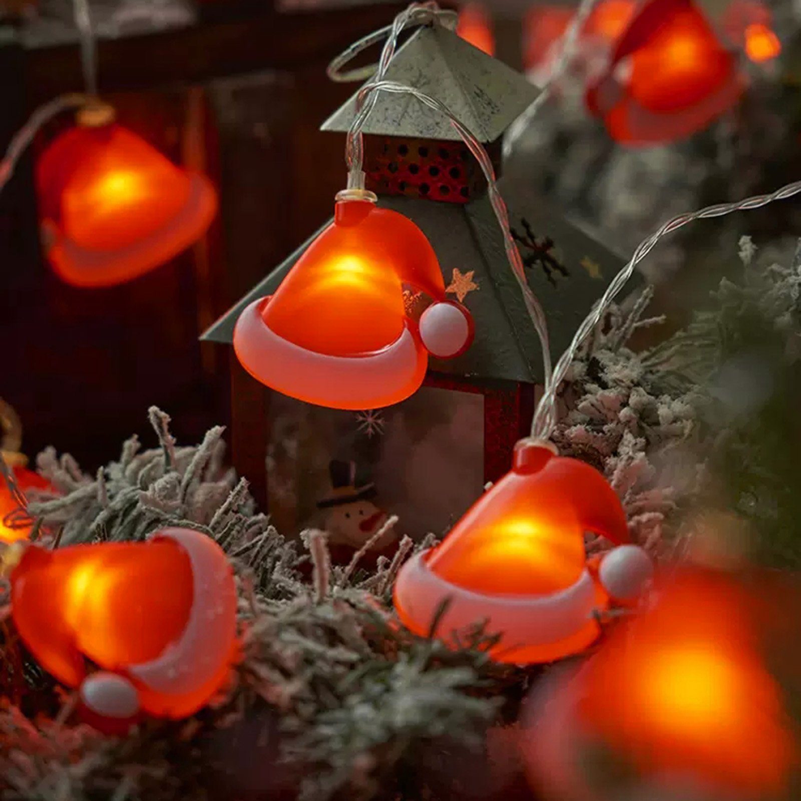 Rosnek LED-Lichterkette 1.5M, Weihnachtsmuster, 10LEDs, batteriebetrieben, für Schlafzimmer, Party Restaurant Deko Weihnachtsmütze
