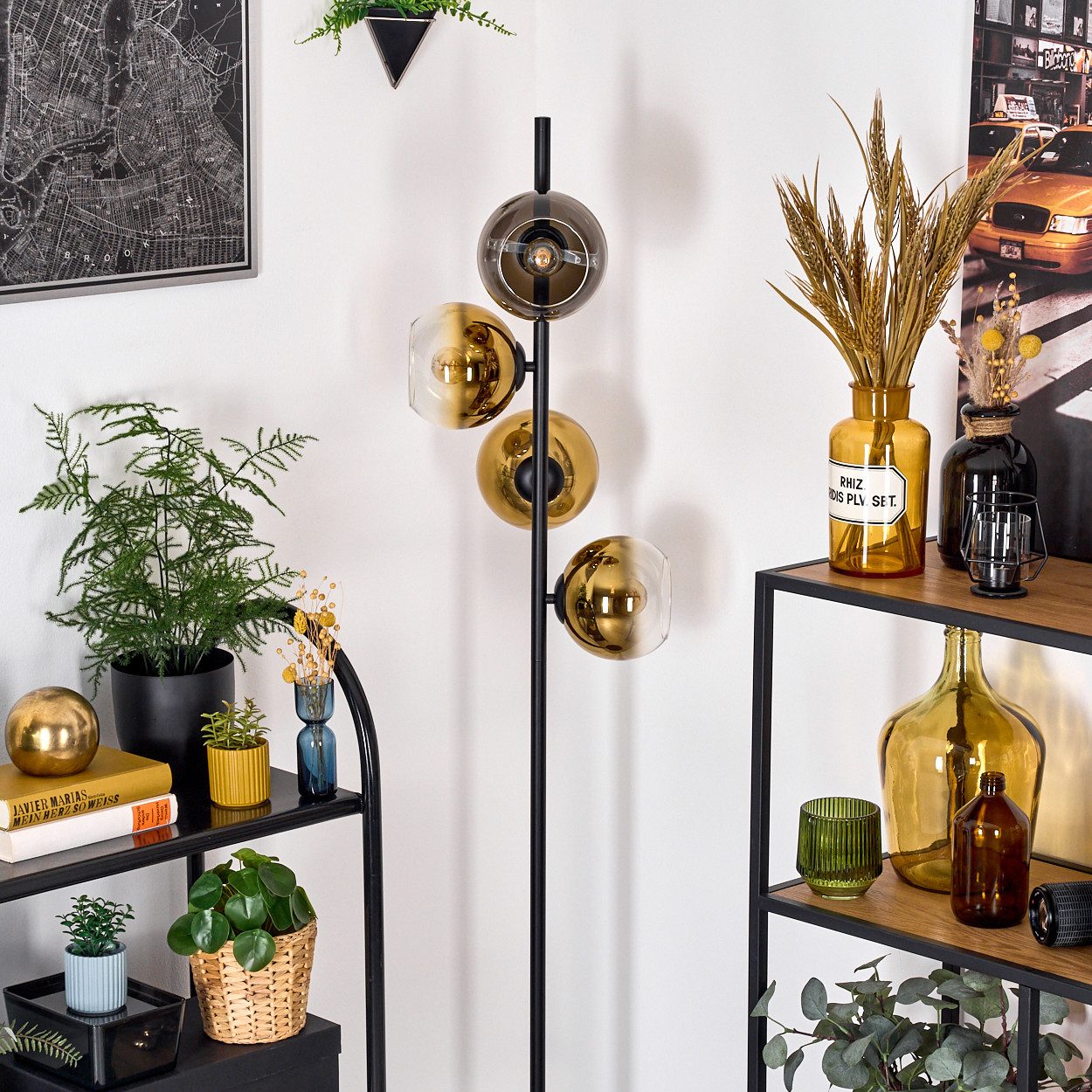 hofstein Stehlampe Stehlampe aus Metall/Glas in Schwarz/Gold/Klar, Retro/Vintage-Design, ohne Leuchtmittel, moderne Stehleuchte, Ø Schirme 15 cm, Fußschalter, 160 cm, E14