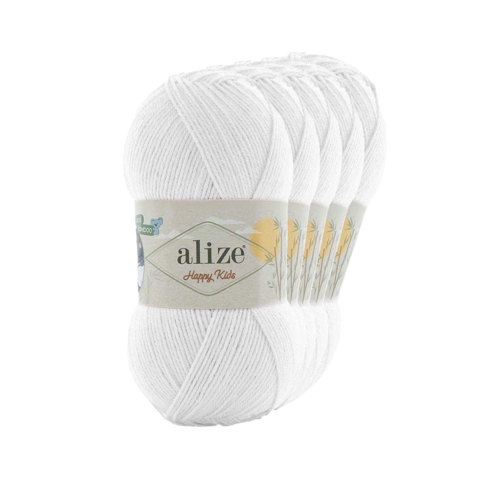 Alize 5 x 100g Alize Happy Kids Viskose Klassikgarn Strickgarn Häkelgarn Häkelwolle, 310 m, 55 weiß