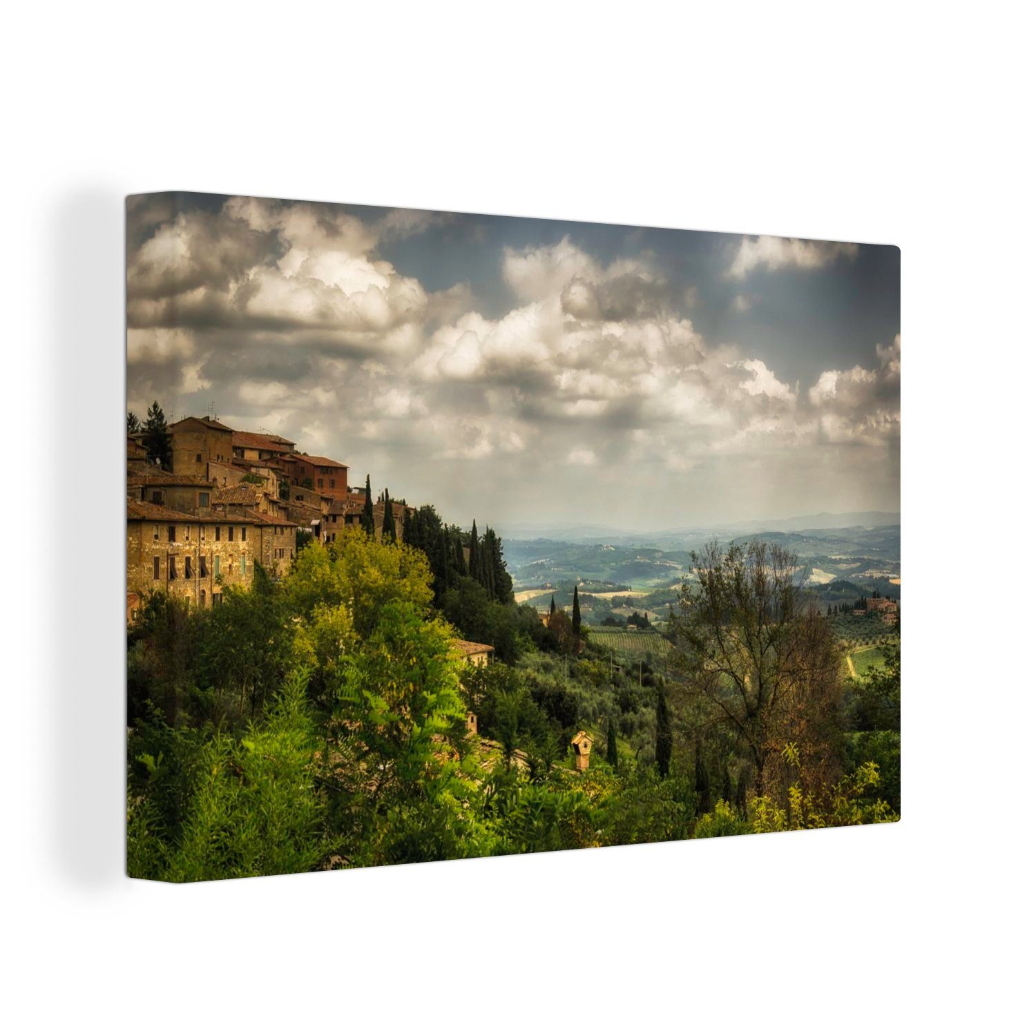 OneMillionCanvasses® Leinwandbild Wolken über den toskanischen Hügeln in der ummauerten italienischen, (1 St), Wandbild Leinwandbilder, Aufhängefertig, Wanddeko, 30x20 cm