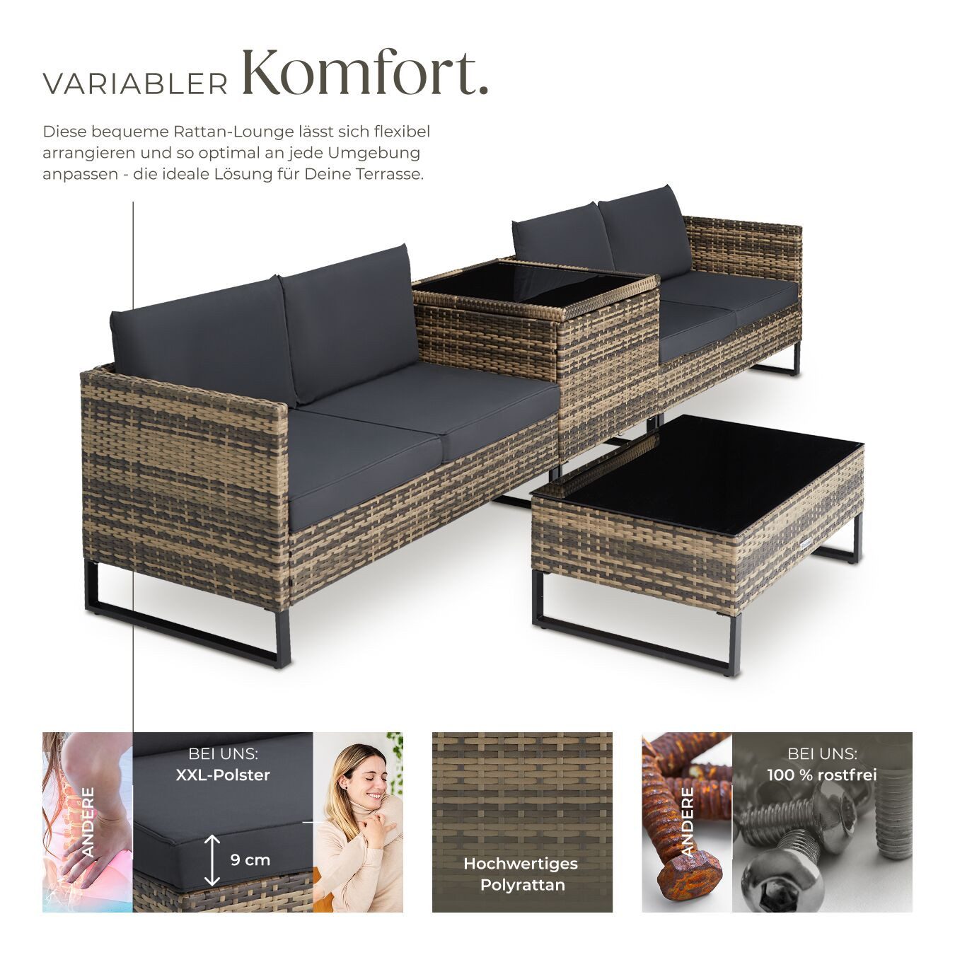 tectake Loungeset Rattan Sitzgruppe inkl. großer Aufbewahrungsbox, für 4 Personen, (Gartenlounge-set Ostuni, 4-tlg., geeignet für Outdoor in Natur), widerstandsfähig und UV-beständig, Dicke der Polster 9 cm