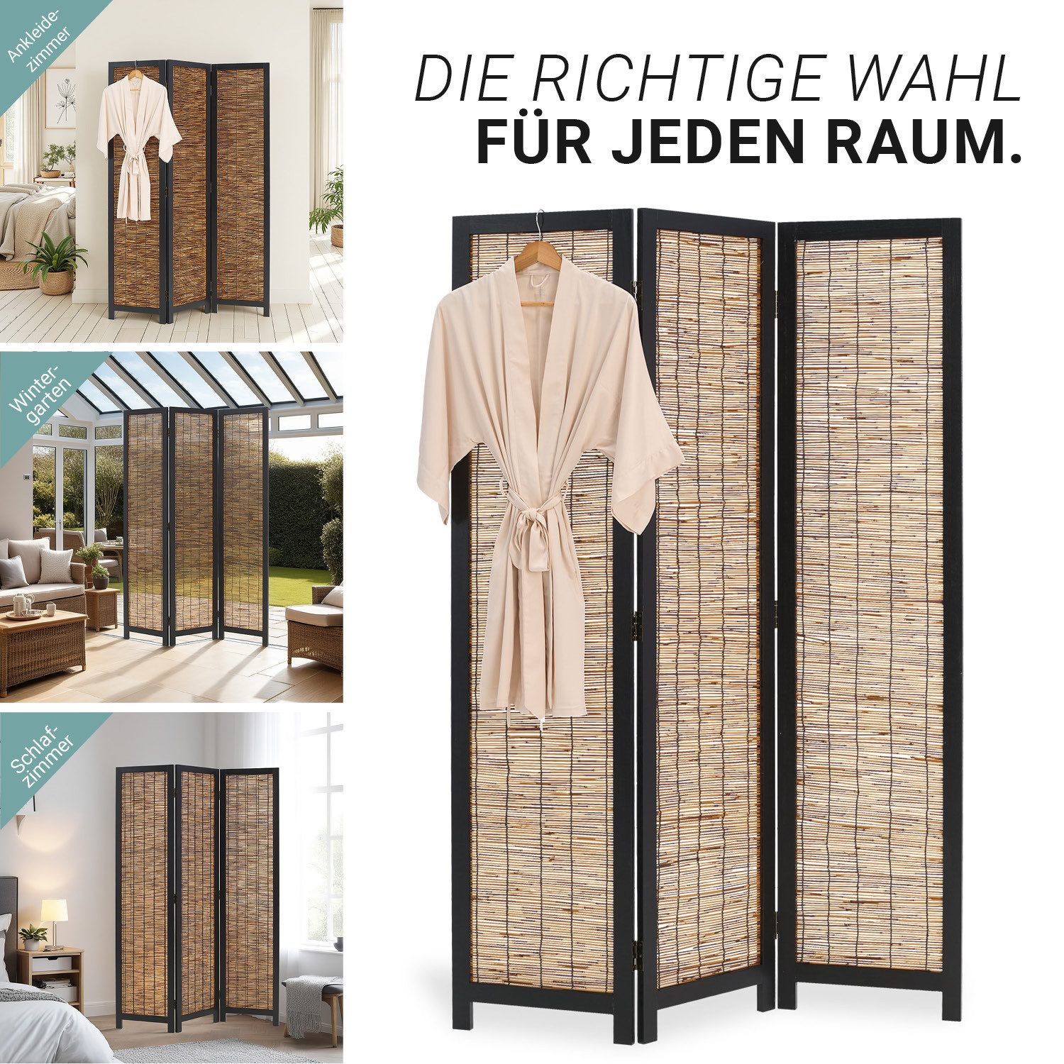 Homestyle4u Paravent Raumteiler Holz Trennwand Schwarz Sichtschutz Indoor faltbar Weide (3-teilig), Trennwand, 3-teilig
