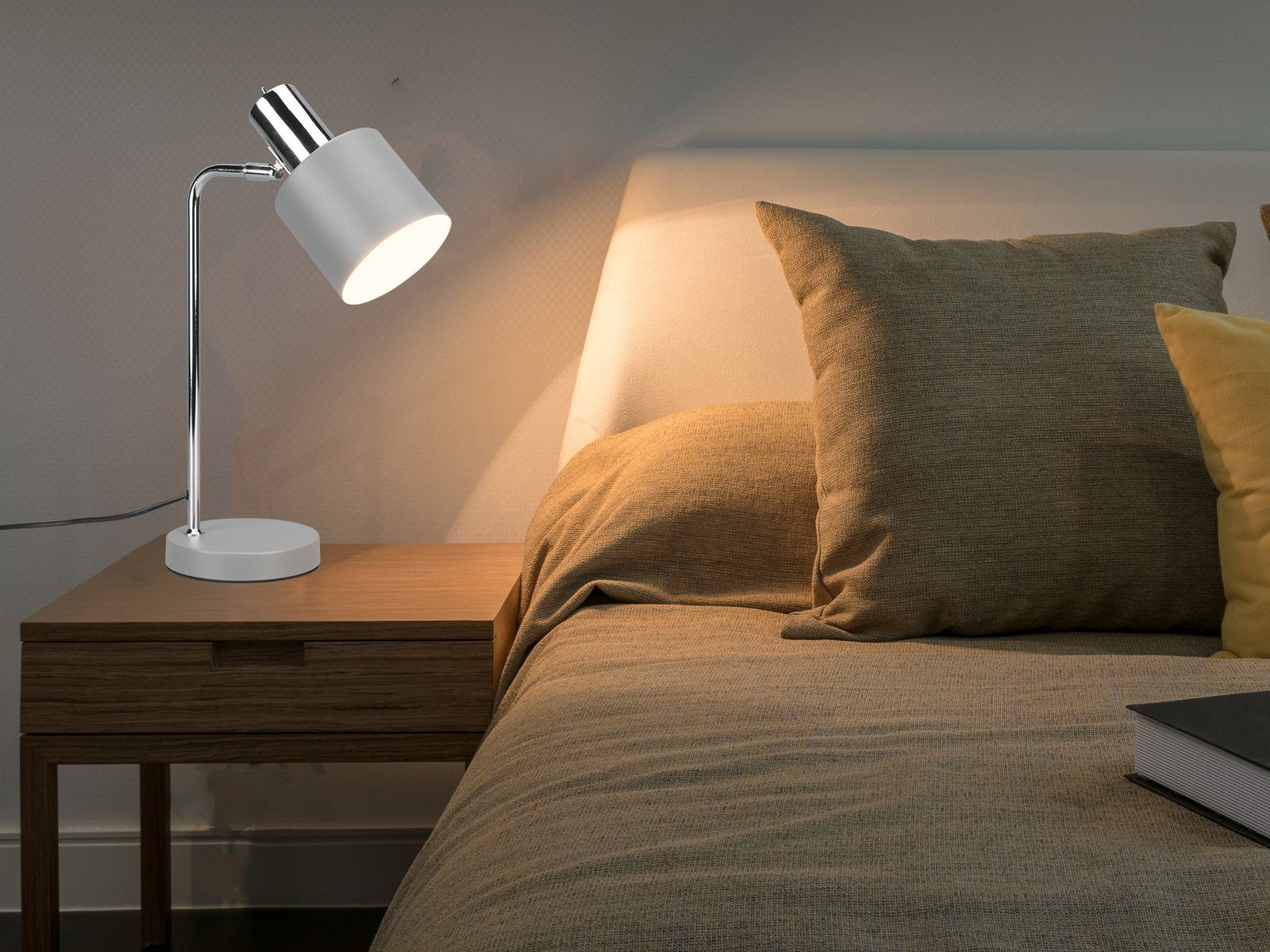 meineWunschleuchte LED 43cm mit große Grau, Bett Leselampe dimmbar, Metall LED wechselbar, warmweiß, Chrom-Grau Höhe Nachttischlampe, Lampenschirm