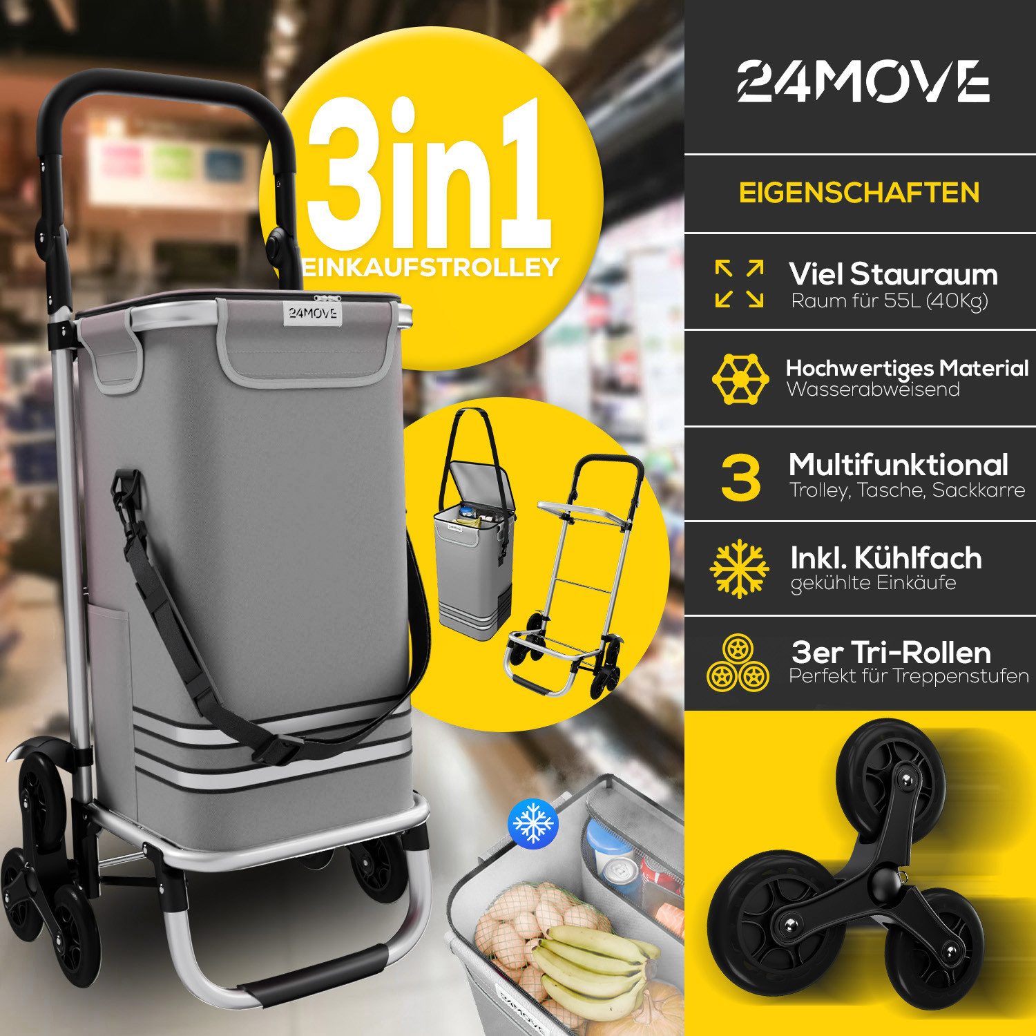 24Move Einkaufstrolley Einkaufstrolley mit 55L, 3in1 Sackkarre und Tasche, klappbar, Sternrad, Handwagen inkl. Kühlfach